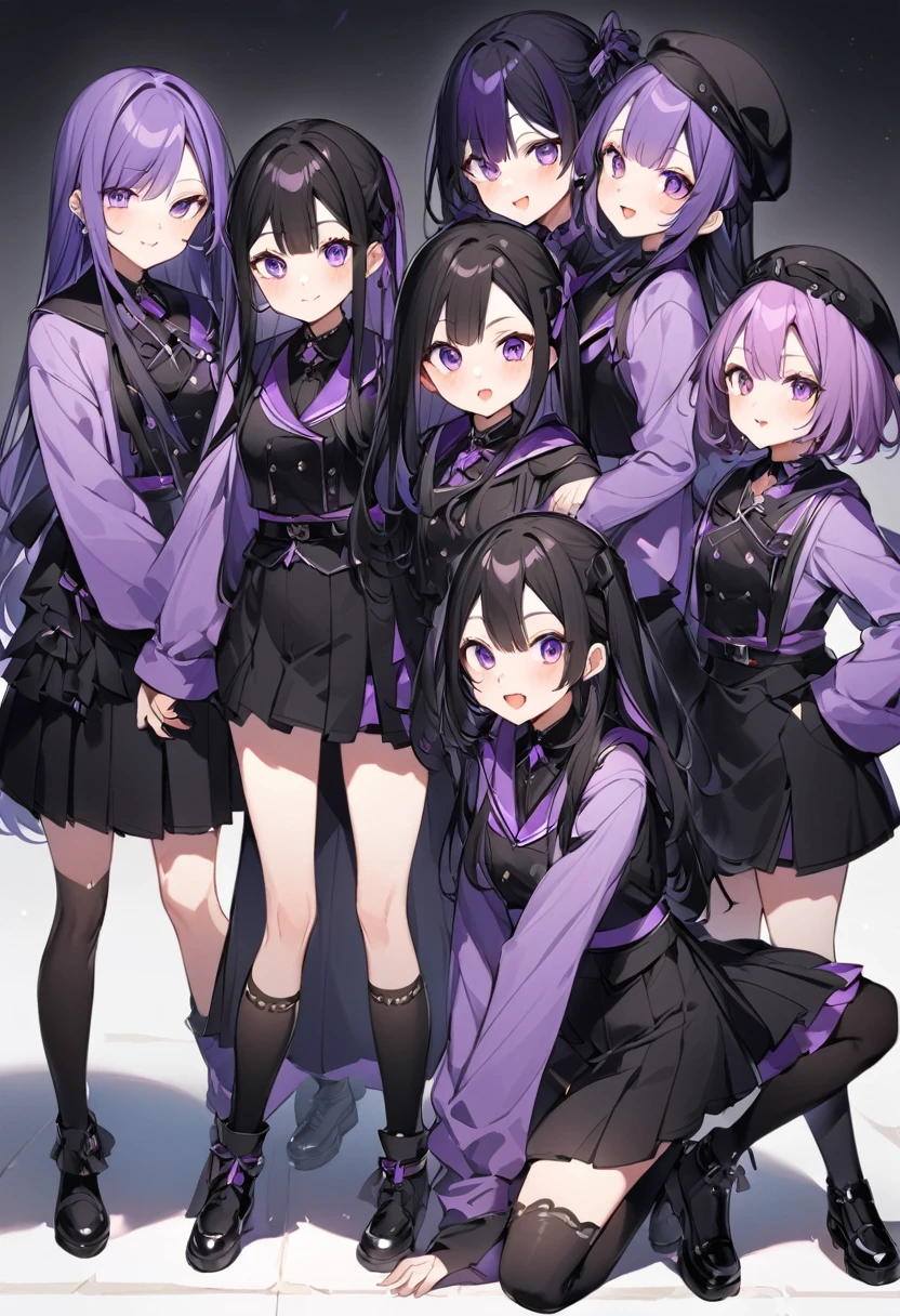 Keito。Purple hoodie。Black Skirt。Purple Eyes。Black Hair。Black shoes下。Black shoes。6 people。The eldest daughter has purple hair。all female。6 people