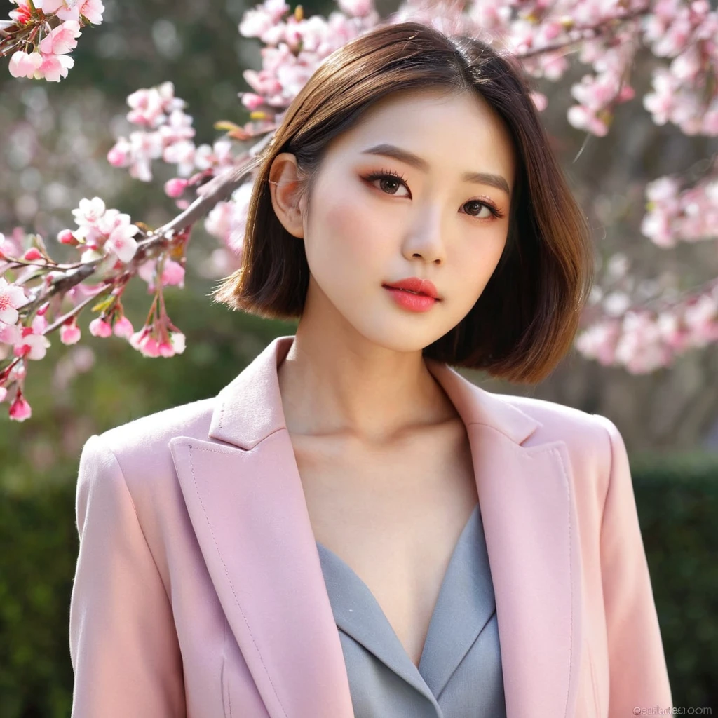 Gentle and beautiful woman, half body photo, delicate and sexy collarbone, charming oval face, double eyelids, smart peach blossom eyes, pink lips, small nose, bare shoulders, focused face, face close-up, ultra-high-definition, super Details, elegant standing, black British college style double-breasted casual loose Korean style small suit jacket, matched with black pleated skirt suit