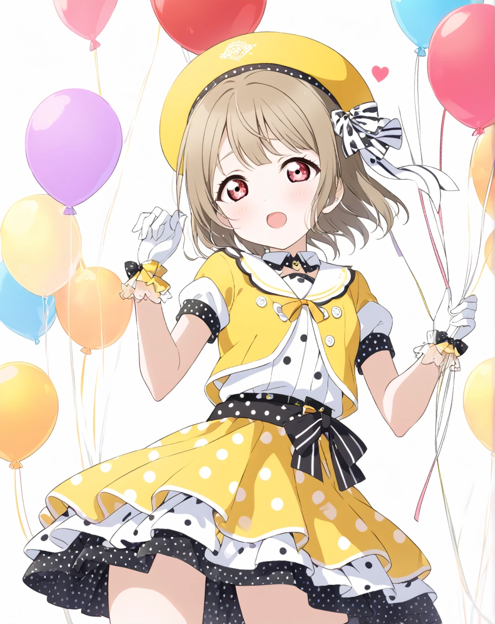 Kasumi Nakasu　lovelive　Yellow-brown hair　Very Short Hair　Short Bob　Straight Hair　Red Eye　Poppin'UP!　Yellow costume　Balloon Skirt　Black and white polka dot stripe on the hem of the skirt　Yellow Hat　Black and white polka dots on the lining of the hat　Big white ribbon　Jump　White gloves　Heart with both hands　White collar　French sleeve　Black Belt　Red Button　ponytail　Half Up　Skirt lifted　In underwear