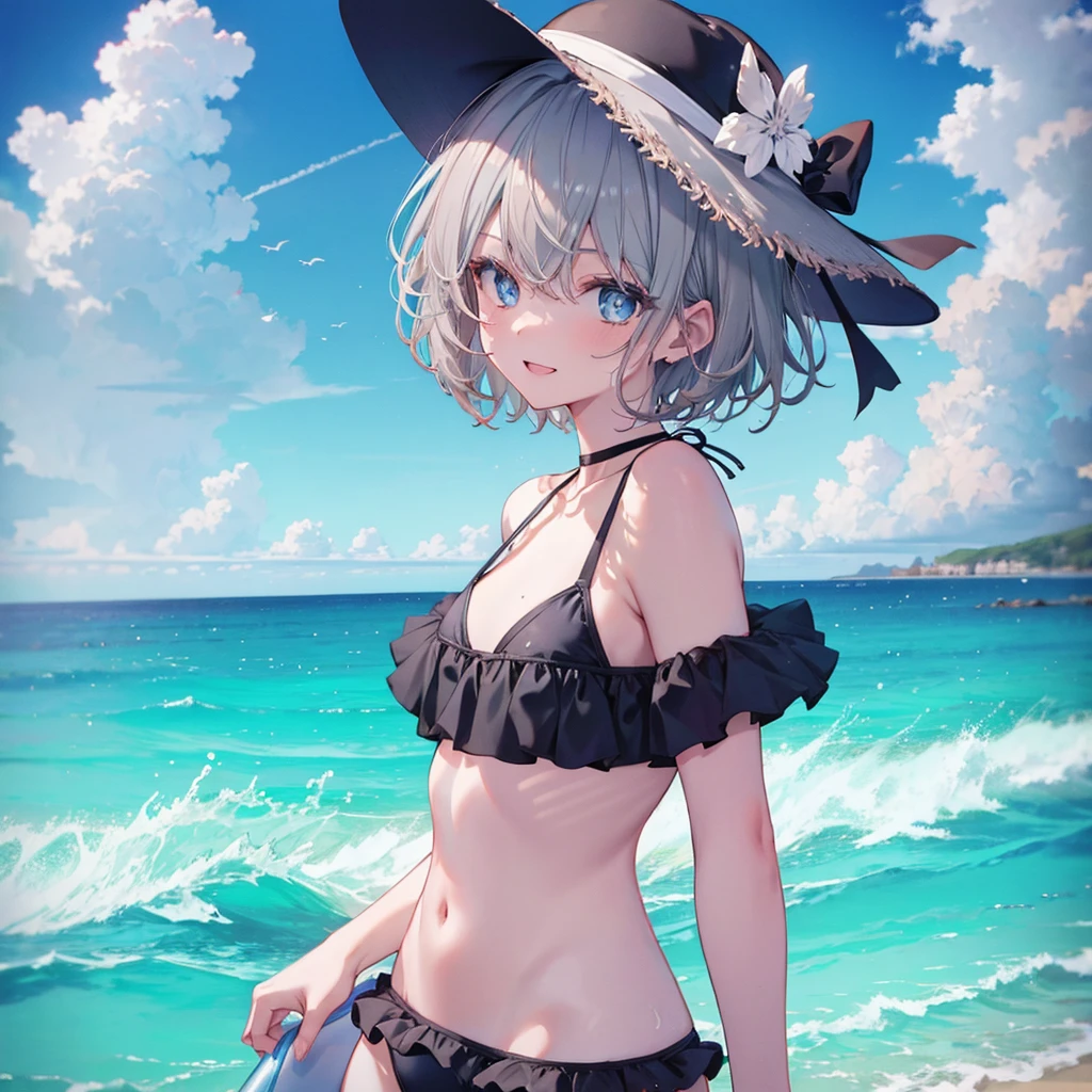 ((((Fluttering swimsuit　Ocean))))　(((Gray Hair　short hair　blue eyes　woman)))，((Splash　sun　cloud))，(Wearing a hat　black　smile)，　Showing teeth　Shining Background　Shining Edges