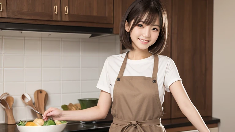 Produce the highest quality and highest resolution 8K images。Please draw the whole body of a 20 year old Japanese woman.。Please draw an image of yourself smiling and cooking in your kitchen at home.。She has brown eyes and a model figure.、She has an idol-level cute face.。Hair is bob cut。What to wear、Shirt and apron。Skin has a healthy color。