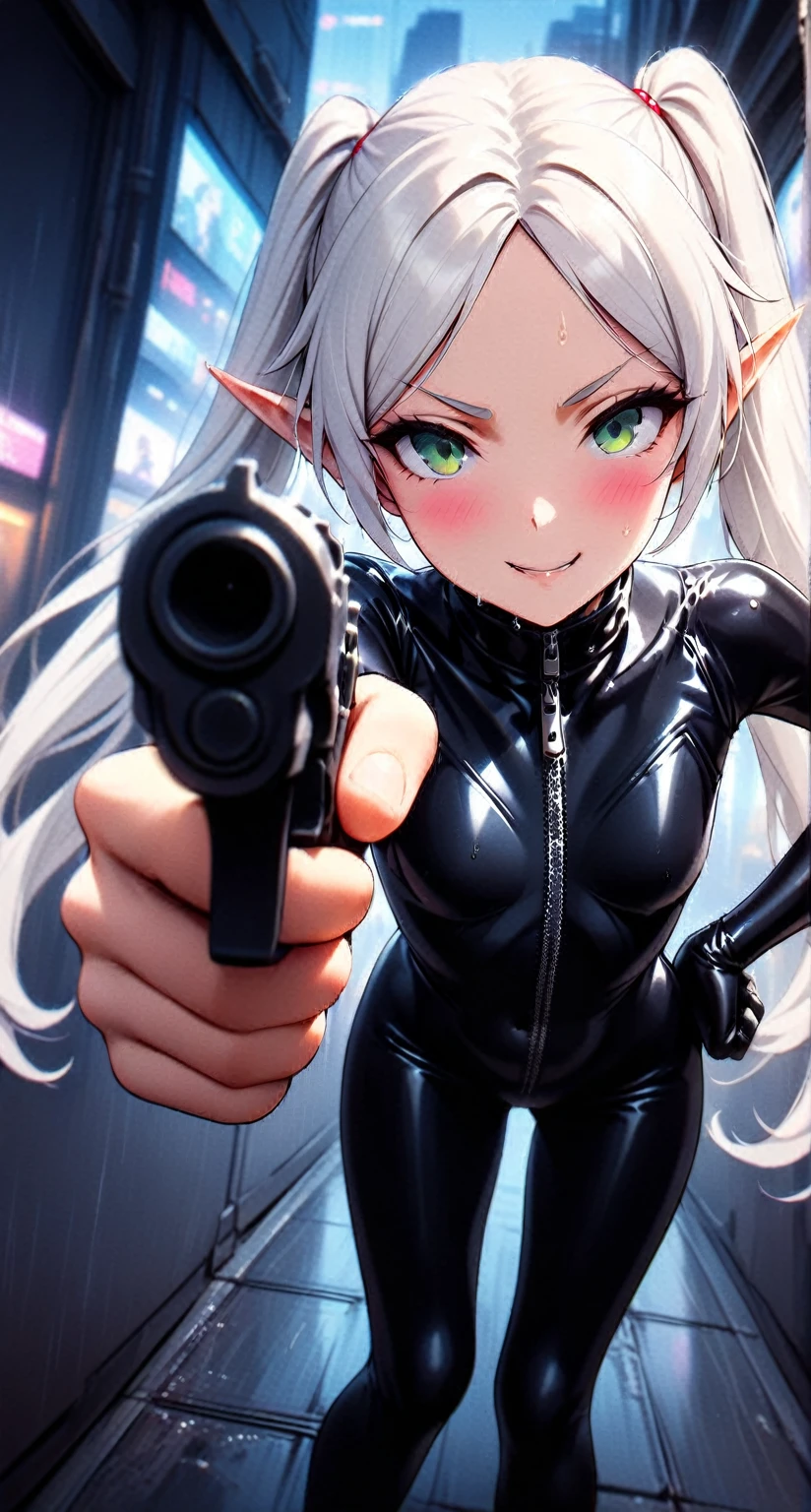 high-key and low-variance brightness scale,soft light,realistic light and shadow,light and dark interlaced,(aiming at viewer:1.4),looking at viewer,dramatic angle,(solo:1.6),
(masterpiece),(best quality),(highres),(by famous artist),(((official art))),(by Paul Hedley),(illustration),
1girl,(frieren),(elf),agent female,
(small breasts:1.3),(cameltoe),(whole body),(round face),(pointy ears),(slim legs),(skinny body),(detailed beautiful face),lustrous skin,shiny skin,(articulated fingers),navel,stomach
(black latex bodysuit:1.4),(zipper),long sleeves,gloves,leather pants,leather boots,
indoor,(cyberpunk city,kowloon,rain),(against the wall),
((seductive smile)),blush,((standing)),sexually suggestive,bent over,handgun,(holding pistol :1.4),hand on hip,
(green eyes:1.3),
(white hair),long hair,twintails,parted bangs,(reflective hair),