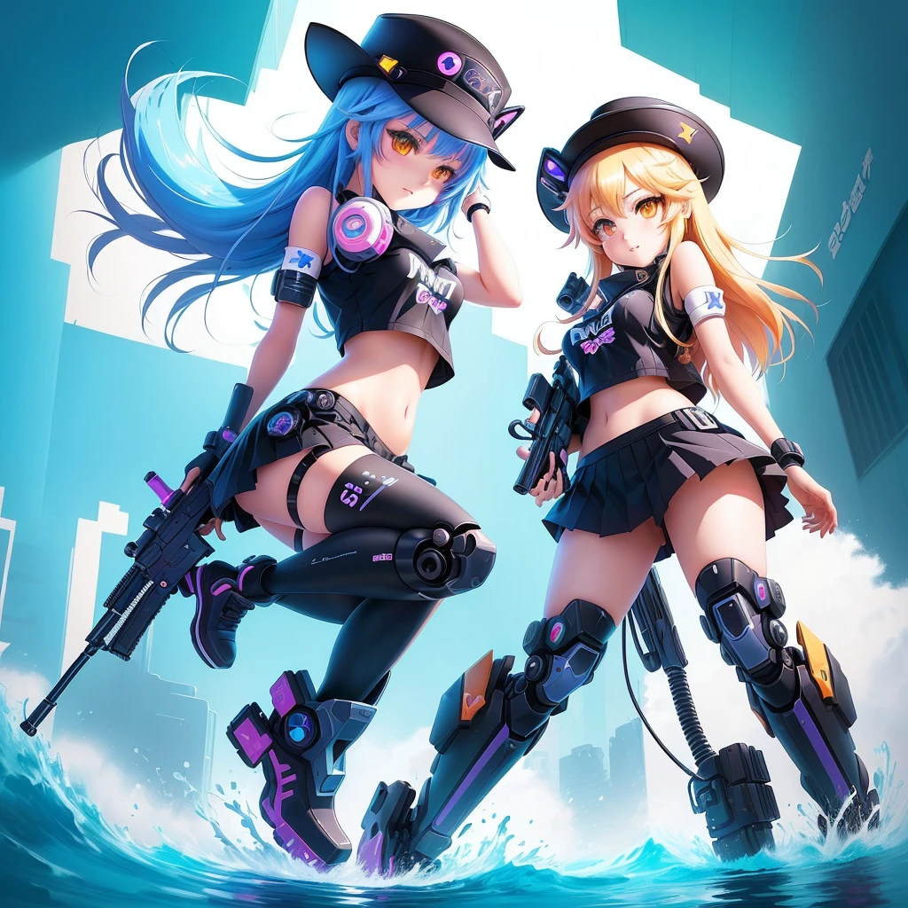 a cartoon image of a girl with a gun and a hat, splash art anime , fully robotic!! catgirl, cute art style, pixiv contest winner, clean artstyle, video game fanart, advanced digital chibi art, game art!!, anime style illustration, pixiv, cyber school girl, pixiv style, digital anime illustration, ahegao