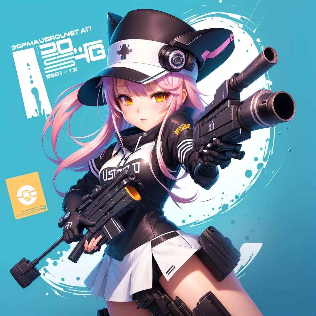 a cartoon image of a girl with a gun and a hat, splash art anime , fully robotic!! catgirl, cute art style, pixiv contest winner, clean artstyle, video game fanart, advanced digital chibi art, game art!!, anime style illustration, pixiv, cyber school girl, pixiv style, digital anime illustration, ahegao