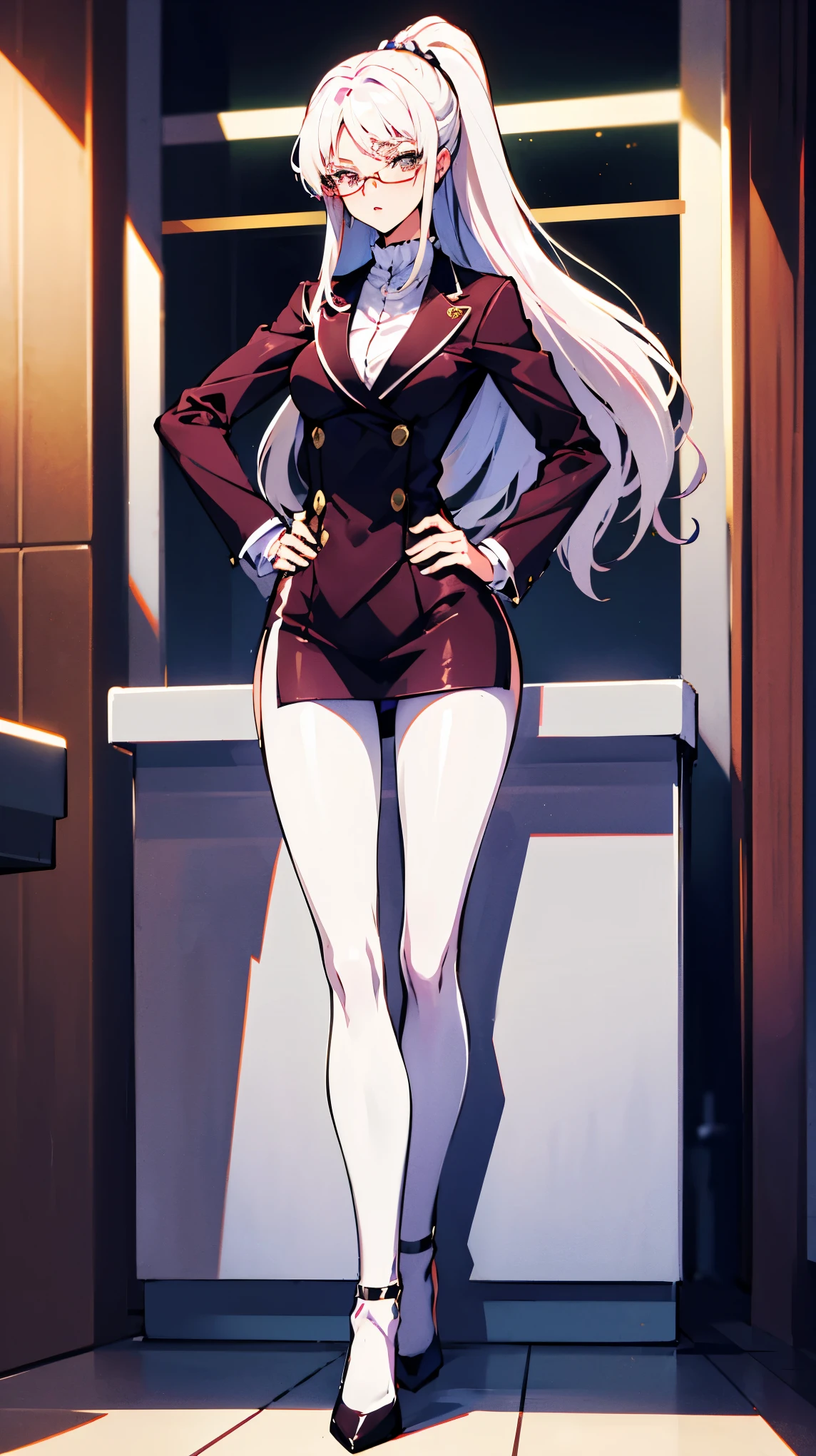 Domineering female president,Slim,White hair,长White hair,in office,full-body shot,Black pantyhose,High heel,wear glasses,Long Law,High target,Wearing a black suit,Put your hands behind your back