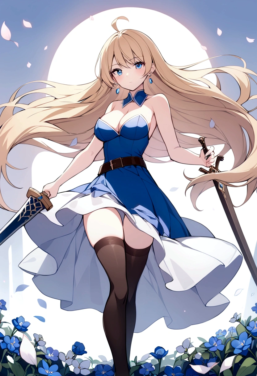 slender, mature female, 1girl, petals, breasts, sword, thighhighs, long_hair, weapon, dress, blonde_hair, blue_eyes, flower, cleavage, blue_dress, solo, sleeveless, black_legwear, sleeveless_dress, very_long_hair, looking_at_viewer, floating_hair, holding_weapon, sheath, medium_breasts, belt, sheathed, bare_shoulders, large_breasts, ahoge, white_flower, brown_legwear, blue_flower, eyebrows_visible_through_hair, bangs, closed_mouth, zettai_ryouiki, jewelry, strapless, bare_arms, earrings, blush