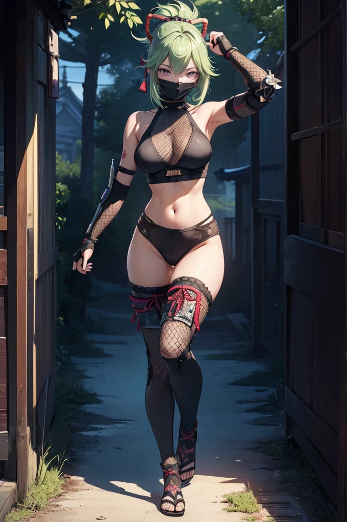 ((1girl, solo)), (((cowboy shot))), (legs apart:1.5), (large breasts:1.5), beautiful body, (perfect anatomy, perfect body, perfect hands, perfect legs), natural proportions, sexy body, (full body, full-body shot, full body front:1.5) BREAK
((extremely detailed face)), (beautiful detailed eyes:1.6), (realistic pupils, realistic iris:1), expressive eyes, looking at viewer, (clear eyes:1.3), (hyperrealistic:1.2), (detailed skin texture:1.2), smooth skin, kuki shinobu, purple eyes, green hair, ((mouth mask)), perfect face, perfect eyes BREAK
ninja, (fishnet top:1.5), (crop top:1.5), cleavage, (shoulder armor:1.2), (arm guard:1.5), partially fingerless gloves, midriff, black panties, ((black thighhighs)), (((greaves))), sandals, (revealing clothes:1.5), (samurai armor:1.5), tassel, thighs, ass visible through thighs BREAK
outdoor, (day:1.3), (rural japanese:1.3), east asian architecture BREAK
(masterpiece:1.5), anime-style, top quality, best quality, (beautiful and aesthetic:1.2), (ultra detail:1.5), Ultra-detailed depiction, Ultra-precise depiction, extremely detailed 8k illustration, high resolution, (highly detailed shading:1.2), (realistic lighting:1.4), perfect lighting, vibrant colors, dynamic tones, striking hues, 8k, absurd resolution, perfect shadows, hdr, UHD, ambient lighting, realistic, ultra-realistic, photo realistic, highly detailed, rich detail, luminous colors, fine texture, intricate design, professional illustration, (soft light:1.2), (illustration:0.7)