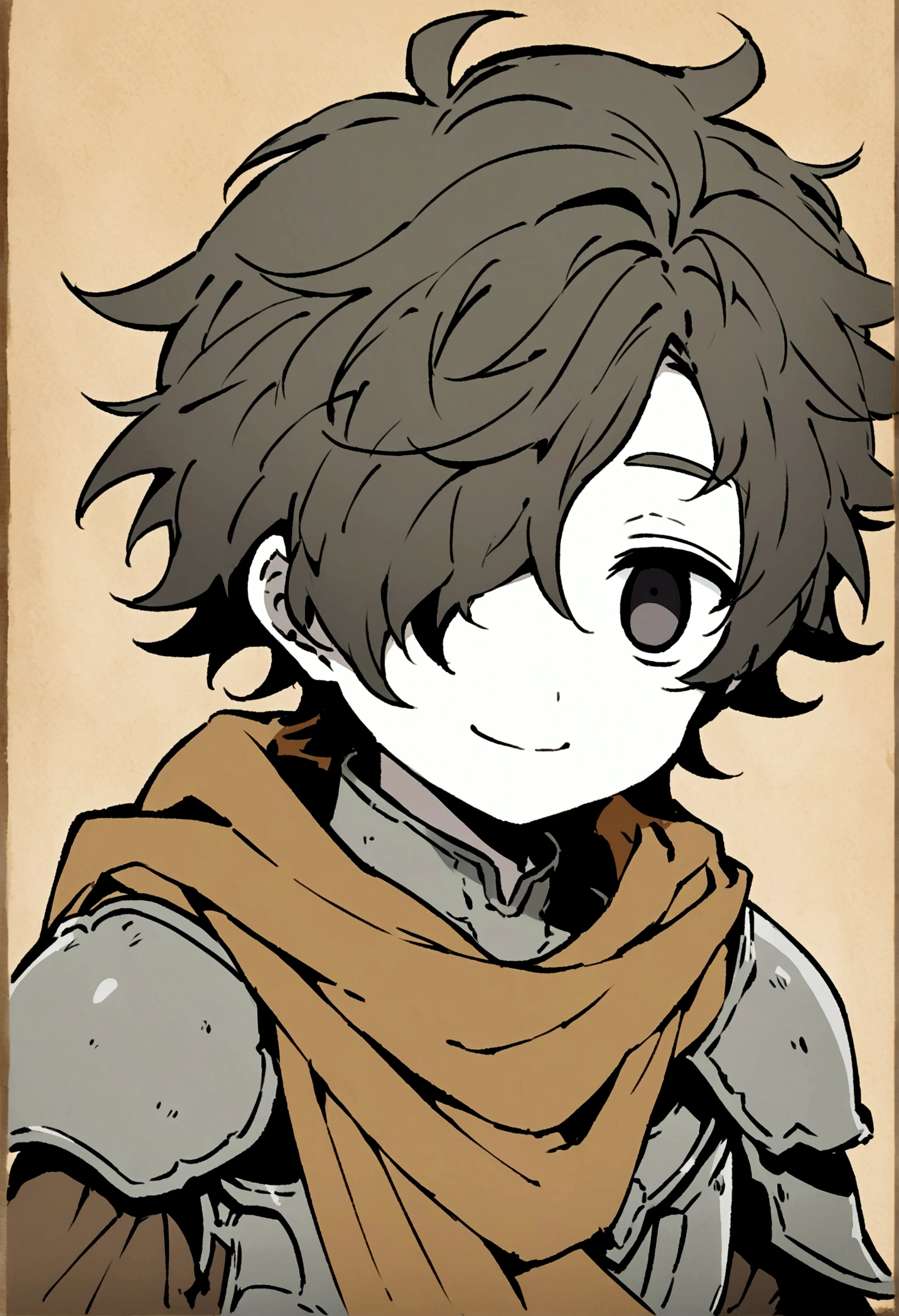 Anime drawing style of an adorable effeminate boy with slightly long black messy hair with pale skin and black eyes wearing gray armor with brown cloth while having an innocent smile even though he is missing one eye