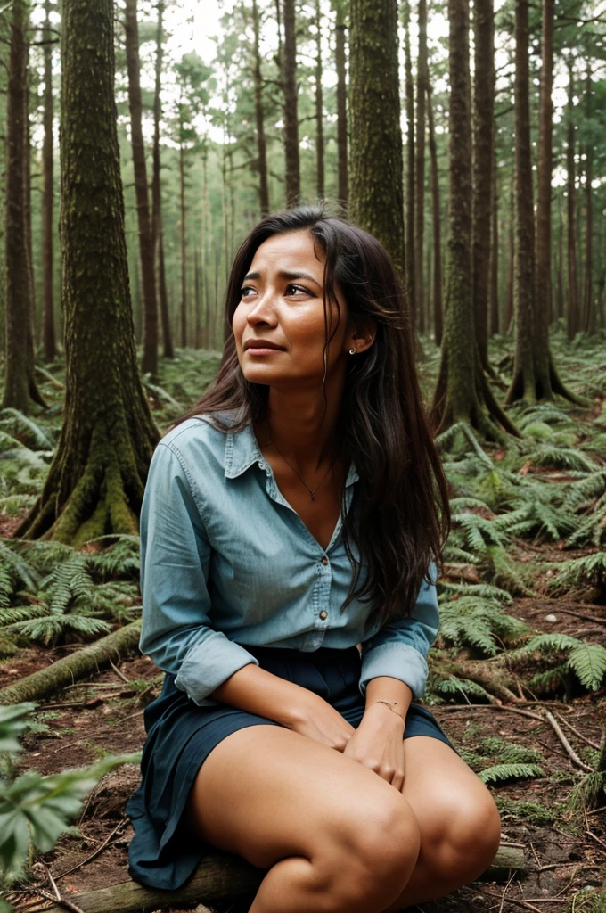 A poor woman is sitting in the forest and crying.