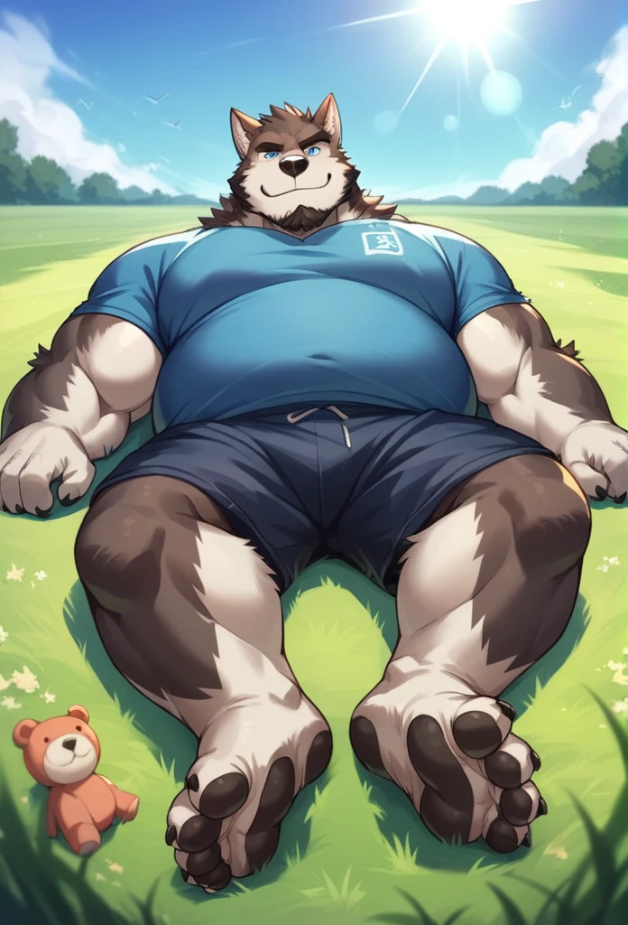 , Muscle Gut, Big Chest, Fat, Cute Bear Boy, Brown fur, Blushing, Anguished expression, Endure the pain, Panting, Serious expression, Male sex appeal, (Sweaty), Excess foreskin, small testicles, Tank top, (Lower body naked), summer, Clear blue sky, Mountain, sleeping bag, tent, Masturbation