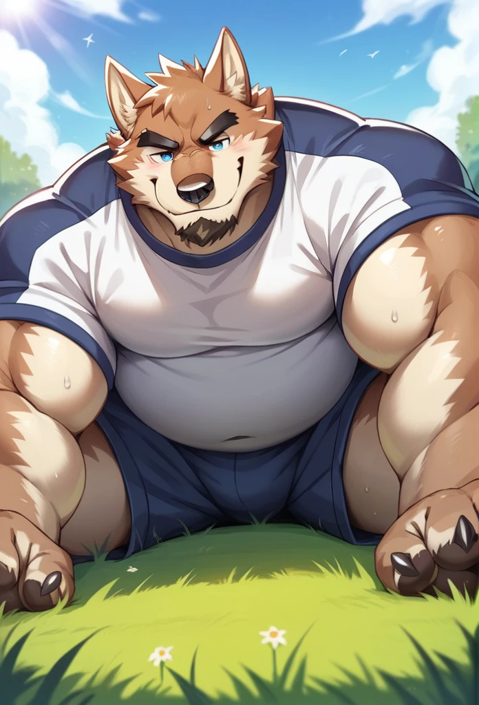 a baby face, Musclegut, Bigchest, cute werewolf bear cub, blush,anguished expression, crouching down,Gripping the penis, Sweating, Precum drips, big testicles, baseball field