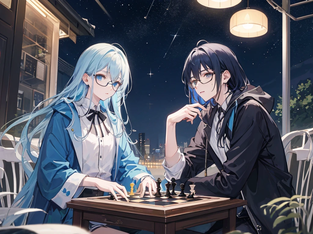 ((Highest quality)), ((masterpiece)), A man with androgynous long blue hair and a man with black hair and glasses are playing a serious game of chess (Facing each other) Outdoors at night　beauttiful stars　Both are 29 years old.