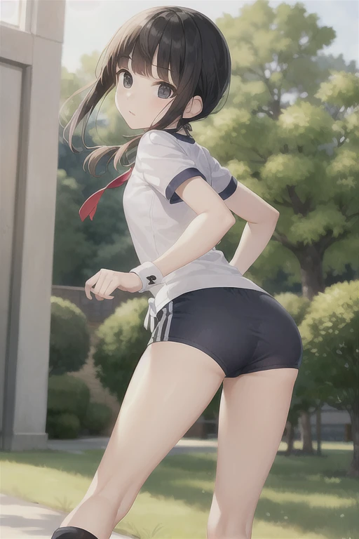 View your viewers, 
Black Hair,(Tied Hair,Blunt bangs:1.2), Small breasts, Backwards、look back、
(Navy blue cuffs and white short-sleeved gym uniform)、(Navy Blue Bloomers)、(
barefoot)、Navy blue socks、sports boots、Ground、Schoolyard, (Highest quality:1.3),One girl,