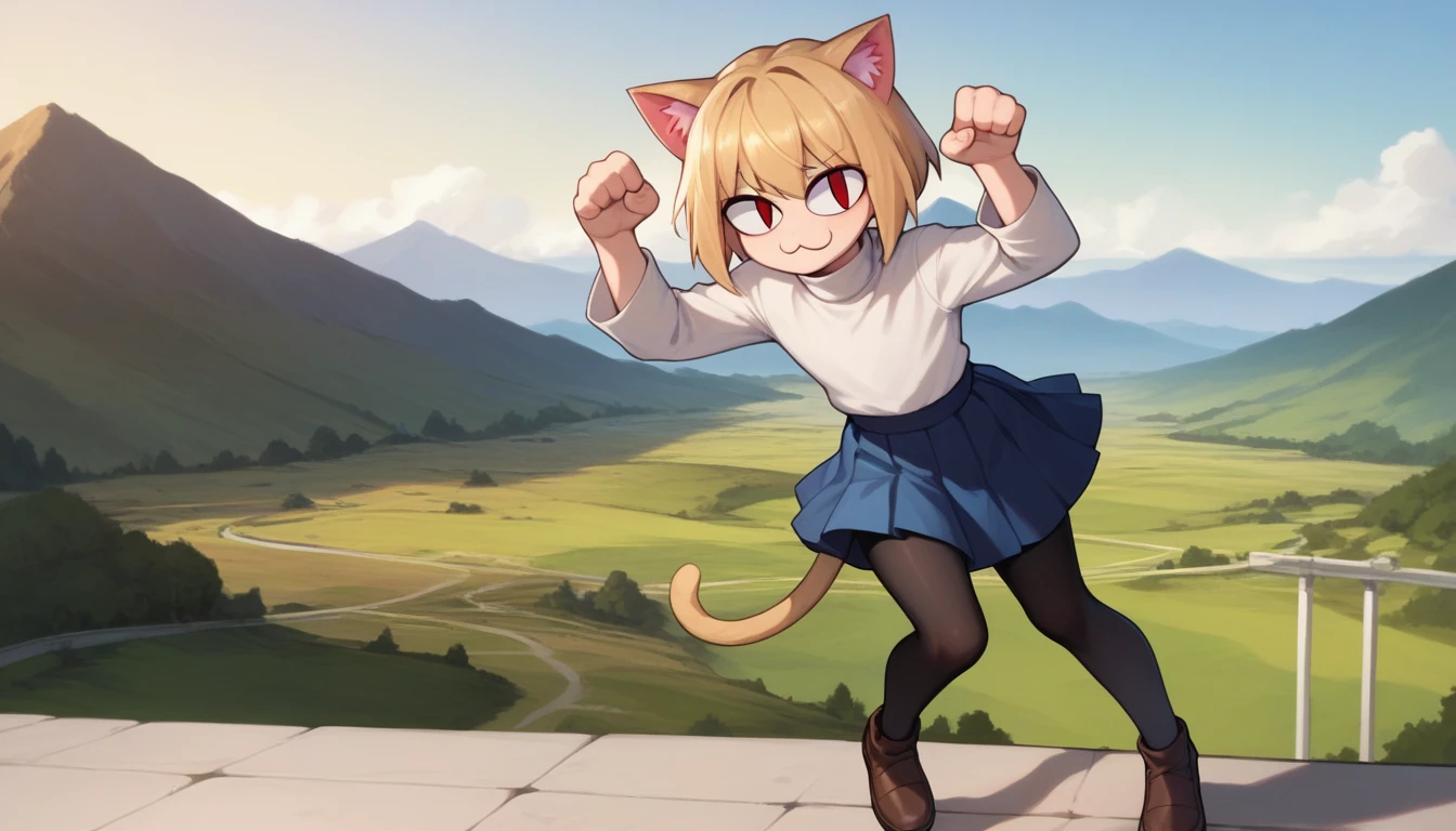 score_9, score_8_up, score_7_up, score_6_up, score_5_up, score_4_up, BREAK, 1boy, solo, necoarc, lit pupils, cat ears, blonde hair, red eyes, :3, turtleneck, blue skirt, pleated skirt, pantyhose, brown footwear, femboy, cat pose, highlight thighs, landscape, on the streets 