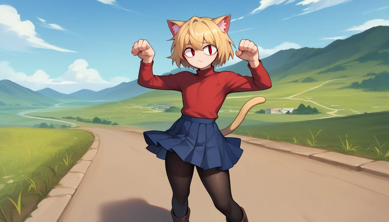 score_9, score_8_up, score_7_up, score_6_up, score_5_up, score_4_up, BREAK, 1boy, solo, necoarc, lit pupils, cat ears, blonde hair, red eyes, :3, turtleneck, blue skirt, pleated skirt, pantyhose, brown footwear, femboy, cat pose, highlight thighs, landscape, on the streets 