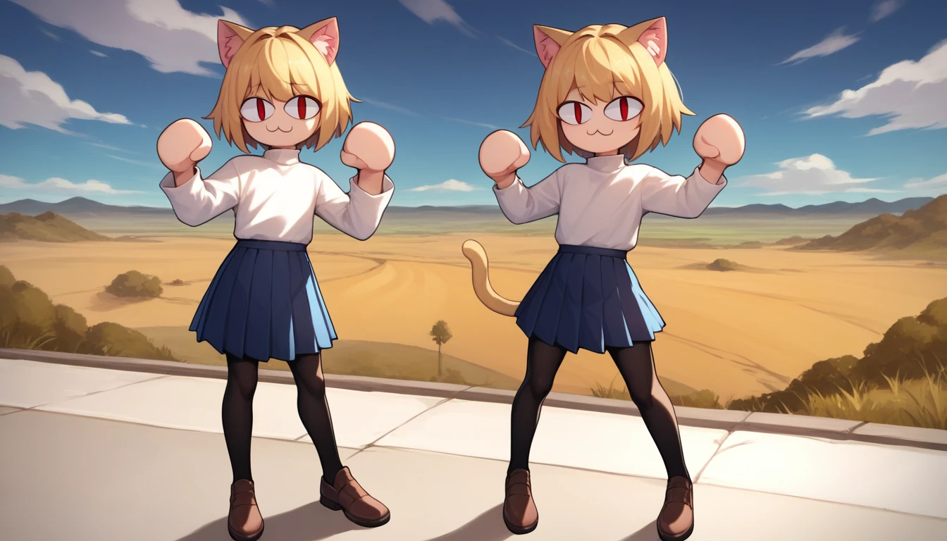 score_9, score_8_up, score_7_up, score_6_up, score_5_up, score_4_up, BREAK, 1boy, solo, necoarc, lit pupils, cat ears, blonde hair, red eyes, :3, turtleneck, blue skirt, pleated skirt, pantyhose, brown footwear, femboy, cat pose, highlight thighs, landscape, on the streets 