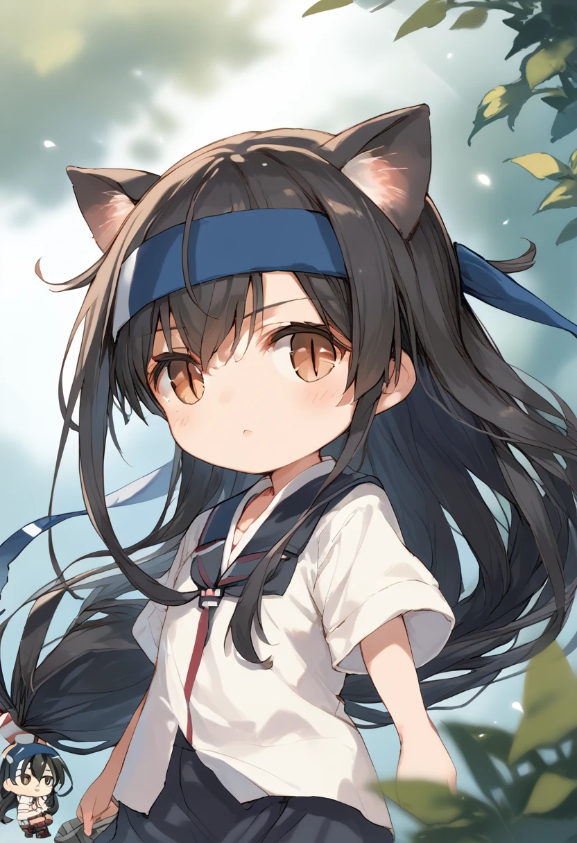 score_9,score_8_up,score_7_up,source_anime,cowboy shot,Idealized Forms,Natural Light,details background,blurry background,extremely detailed,hatsushimo(kancolle),(left(white)right(blue))headband, (black)long hair, (low-tied)hair, (black)hair,slit pupils,cat ears,chibi