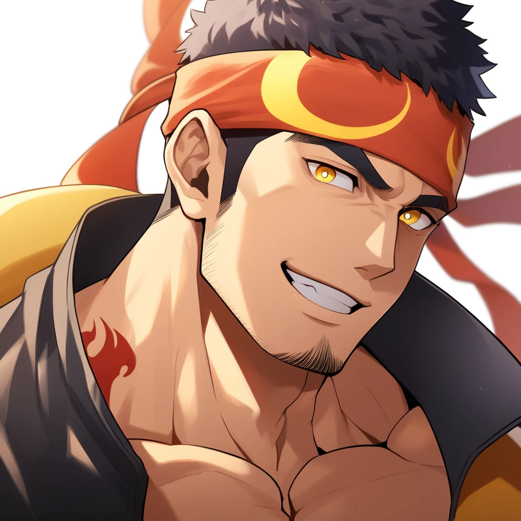 anime characters：Gyee, 1 young muscular man, male focus, Flame tattoo, sports Red headband, Dark yellow high collar long sleeve tights, Very tight, muscular male, muscular, Round, firm and full chest muscles, only, Upper body, alone, Black short hair, Thick eyebrows, stubble, Yellow eyes, White background, simple background, amazing quality, best aesthetics, Ridiculous, bright pupils, crew cut, naughty face, torogao, parted lips, best quality