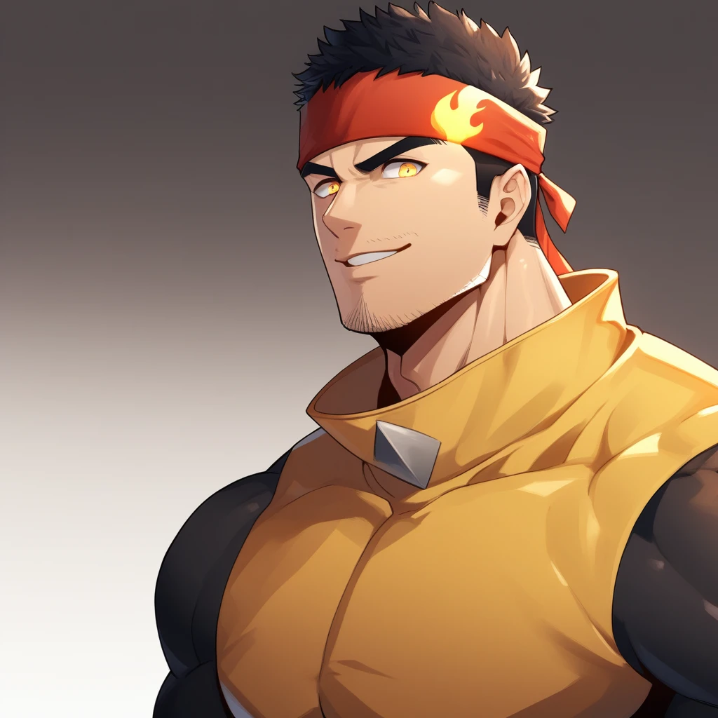 anime characters：Gyee, ung muscular man, male focus, Flame tattoo, sports Red headband, Dark yellow high collar long sleeve tights, Very tight, muscular male, muscular, Round, firm and full chest muscles, only, Upper body, alone, Black short hair, Thick eyebrows, stubble, Yellow eyes, White background, simple background, amazing quality, best aesthetics, Ridiculous, bright pupils, crew cut, naughty face, torogao, parted lips, best quality