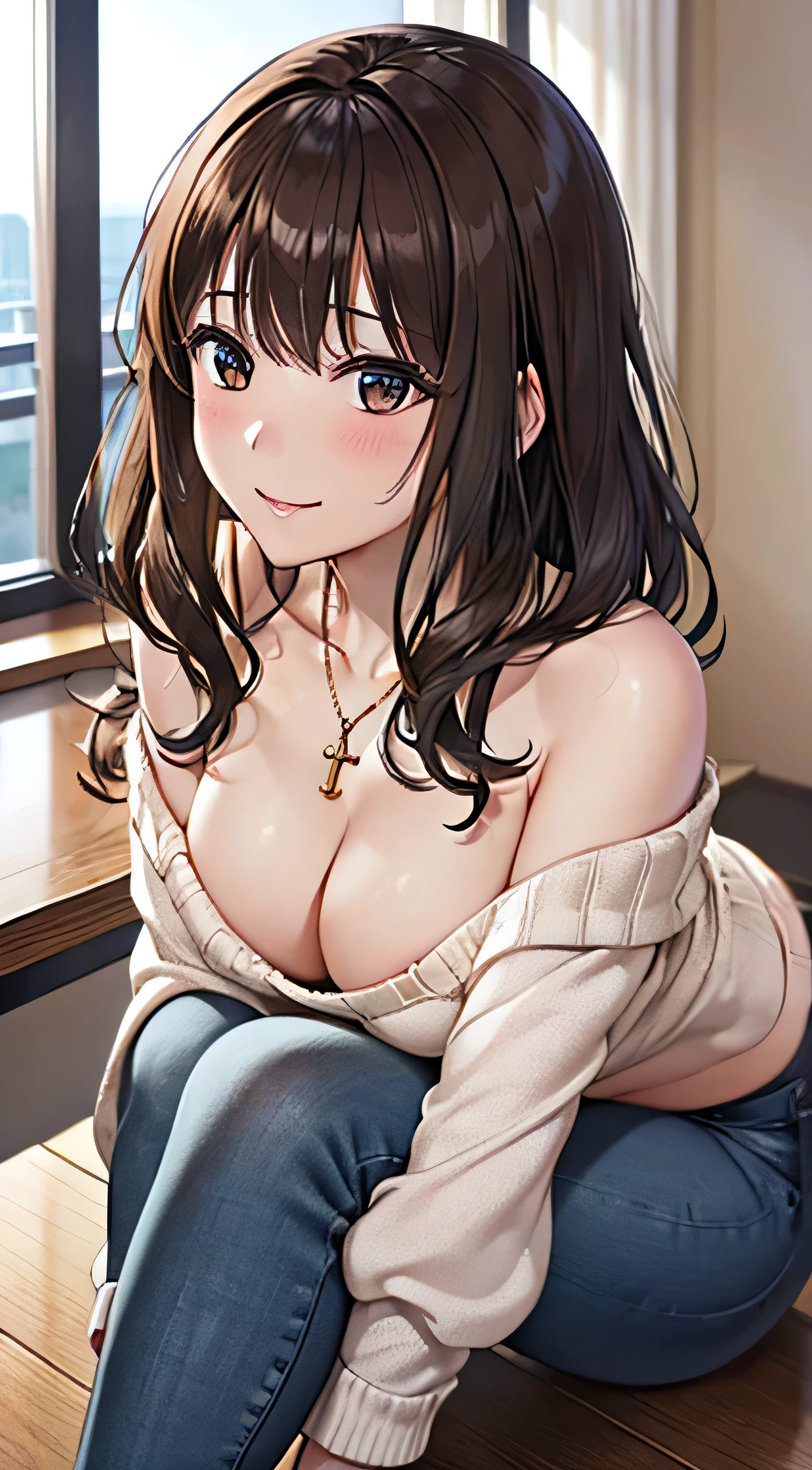 ((Tabletop, Highest quality, High resolution, , Pixel Perfect, 4K,))), 1 female, 、The whole body is visible、 ((Long Wavy Hair, bangs, Brown Hair)), ((Brown eyes, Beautiful eyelashes, Realistic eyes)), ((Detailed face, Blushing:1.2)), ((Smooth texture:0.75, Realistic texture:0.65, Realistic:1.1, Anime CG Style)), Medium sized breasts, Dynamic Angle, Perfect body, (( , , Off-the-shoulder sweater、No bra、、 、Take off your pants below your knees、、、)), Gold Hair Ornament、Cross Necklace、、Very embarrassing panic smile, 、Tight jeans pants、、Elbows on the table、、、Nipples are slightly visible、Emphasize the chest with both arms、、、、、、Stick your butt out、Luxury apartment kitchen、、、、、、、 、)、