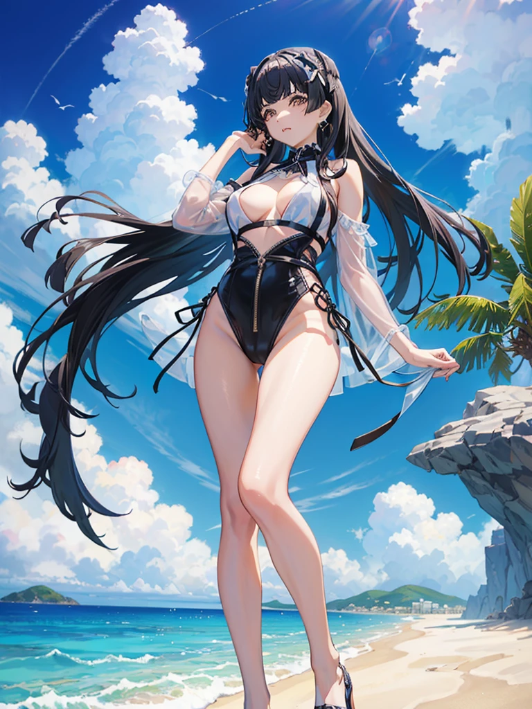 18 year old beautiful girl、shiny black hair、Hime cut、J-cup huge breasts、172cm tall、Long legs、Gravure idol、bikini、Sandy Beach、Blue sky