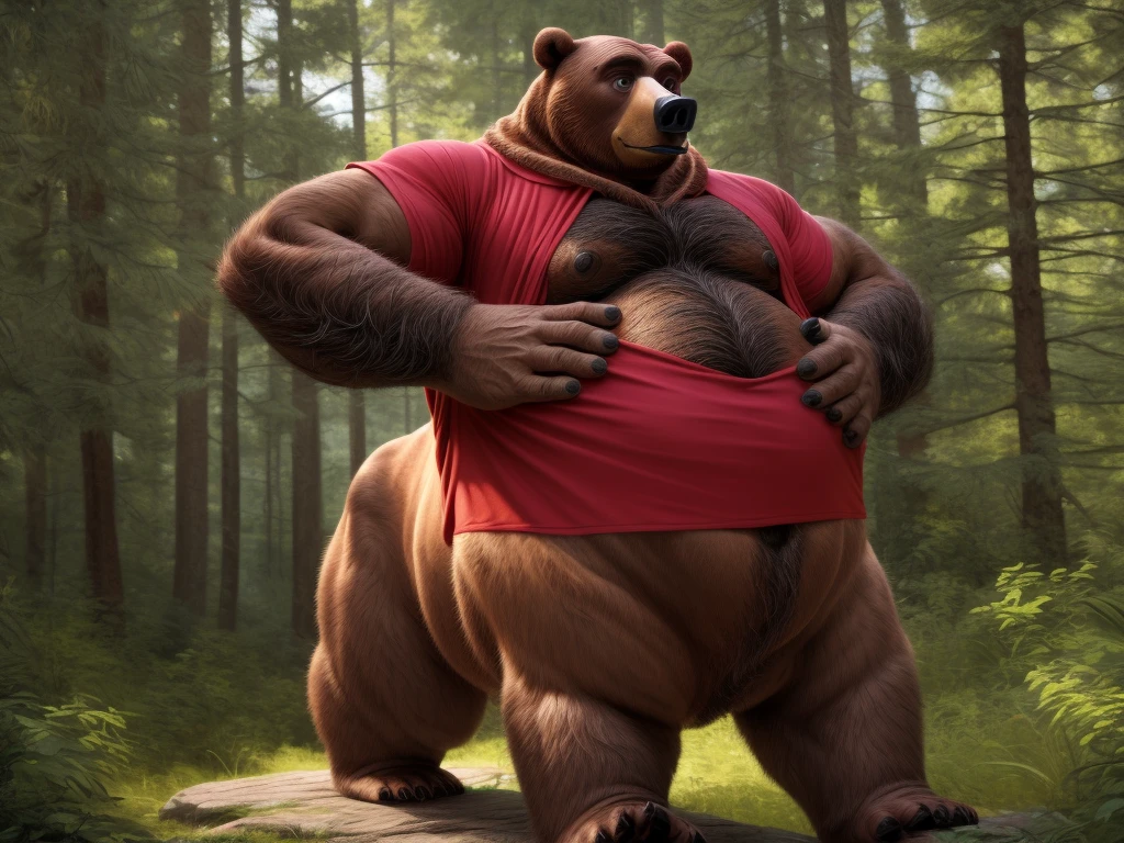 furry, fur taur, beartaur, middle-aged, 1man, solo, red_shirt, shirt, hairy, arm_hair, leg_hair, short_hair, old, old_man, pectorals, large_pectorals, detailed face, bear ears, bear eyes(brown), bear nose(black), bear mouth, garibaldi beard(grey), mature hair(grey), detailed arms, thick arms, muscular, muscular_male, thick hands(5 fingers), detailed body belly, thick body, muscle belly(white), thick chest, chest hair(grey), detailed taur body, thick taur body, thick bear paws, thick bear tail, full body shot, summer, standing in the woods