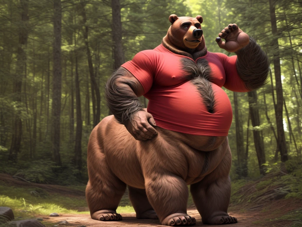 furry, fur taur, beartaur, middle-aged, 1man,  solo, red_shirt, shirt, hairy, arm_hair, leg_hair, short_hair, old, old_man, pectorals, large_pectorals, detailed face, bear ears, bear eyes(brown), bear nose(black), bear mouth, garibaldi beard(grey), mature hair(grey), detailed arms, thick arms, muscular, muscular_male, thick hands(5 fingers), detailed body belly, thick body, muscle belly(white), thick chest, chest hair(grey), detailed taur body, thick taur body, thick bear paws, thick bear tail, full body shot, summer, standing in the woods