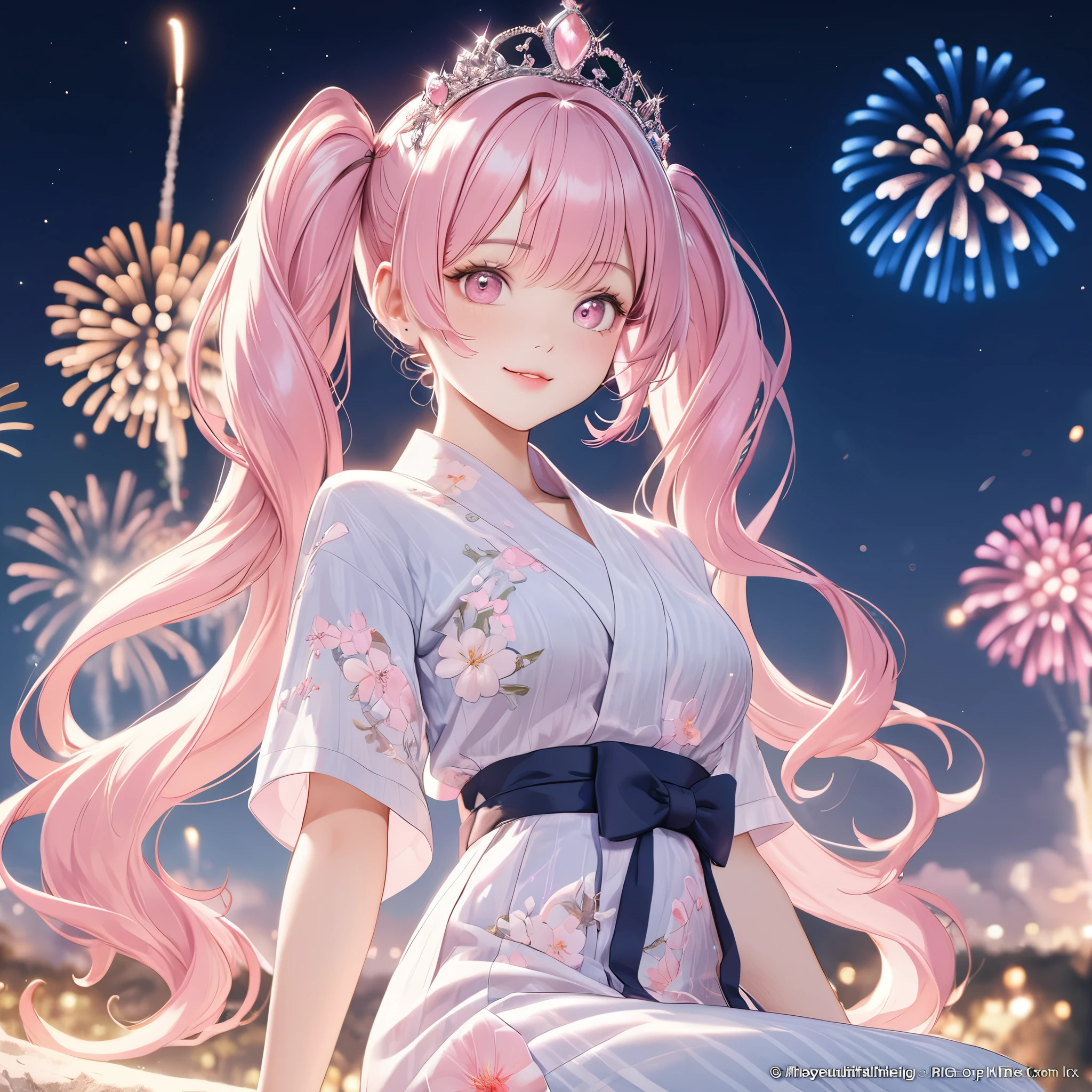 (8K, masutepiece, Best Quality, Official art, Breathtaking beauty and aesthetics, A highly Beautiful detailed, beautiful lighting, The best masterpiece in history that exceeds limits:1.2), (1 Girl, solo), (16 years old), (Beautiful detailed face), (shiny white skin), (Beautiful big bust:1.3), (thighs,), (Beautiful detailed pastel pink twin tails hair, bangs:1.3), (beautiful detailed drooping pink eyes:1.5), BREAK, (Beautiful detailed black cute Yukata, Flower pattern, obi:1.3), (Beautiful Luxurious Diamonds Tiara), (happy smile), (Attractive, Look at the camera, cute pose, siting), breathtaking scenery, (ultra detailed realistic beautiful night sky, colorful various fireworks:1.2)