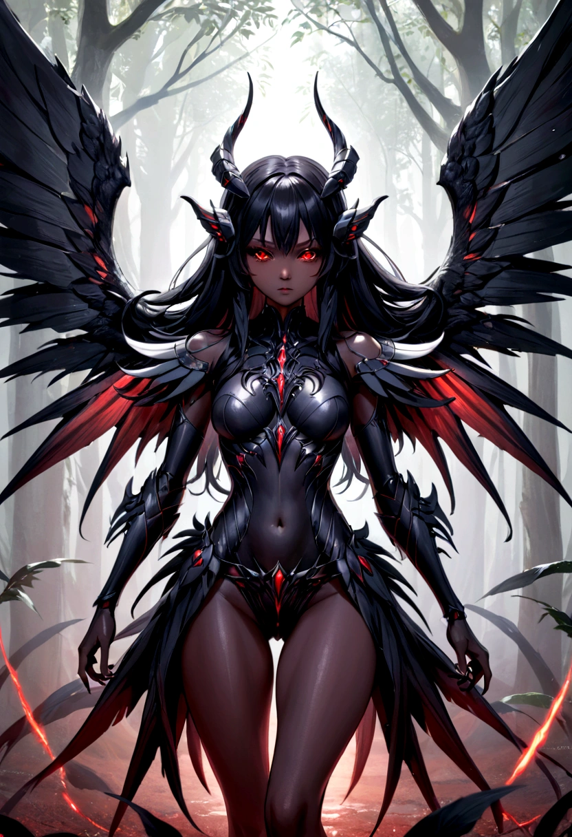 Monster with black skin and red eyes with wings, body looks like it is completely made of blades and its black wings are gigantic, long black hair that covers everything around