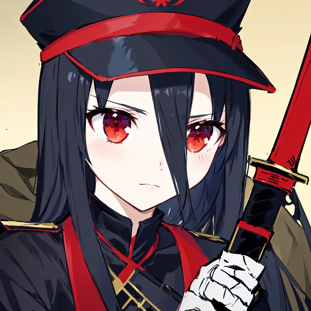 Anime girl with red eyes holding a sword and a red hat, Style of Red Line Anime, Katana Zero Video Game Character, Cute girl anime visual, shuushuu anime character, female anime character, Anime Stills, sao style anime, Kill, kill, kill, Anime style like fate/overnight, Kill, kill, kill illustration, Makai Ryuko
