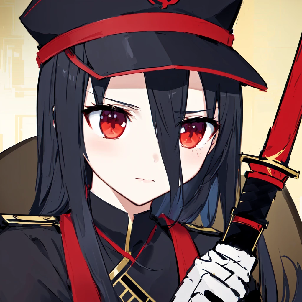 Anime girl with red eyes holding a sword and a red hat, Style of Red Line Anime, Katana Zero Video Game Character, Cute girl anime visual, shuushuu anime character, female anime character, Anime Stills, sao style anime, Kill, kill, kill, Anime style like fate/overnight, Kill, kill, kill illustration, Makai Ryuko