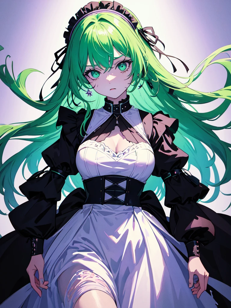 She is wearing a maid uniform and the background is a dark and desolate landscape., Horror movie atmosphere. Her figure is extremely beautiful, Emphasizing the dark and crazy elements. Skillfully expressing the effects of light and shadow, detailed, The face and expression of the black costume are also carefully drawn..., Artistic elements add depth to the work. The overall atmosphere is creepy and nightmarish..., With a unique artistic touch. This movie is、The dark and crazy world of horror movies depicted in HD., Evoke visual stimuli and aesthetic sense, It will terrify and excite the audience....,sketch (Character design sheet, same characters, whole body, Three-View, front, ~ ~ ~ side, return) and watercolor画, （Gradient braided hair, (Ink blotches:1.1), (pale:1.2),(Light purple:1.2),(Light green:1.2)　and a mature face,tall, Wearing black tights,Green Eyes, The skin is hidden　and 1 female, Nervous,Cowboy Shot,,(Very bright:1.1), White Background, [1 Girl:7], (Tilt your head:1.2), ([sketch|watercolor \(Moderate\)]:1.15),Chaotic Abstract Background, Vector Trace, Gradient Blending, Bright colors, that&#39;wonderful, 非常にdetailed, Complex, (Very low contrast:1.4)