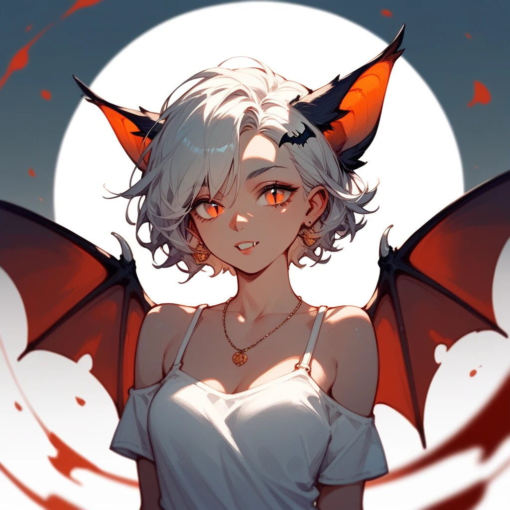 One wing fallen angel woman, Short white hair, Orange eyes, happy smiling lewd face, Red blushing cheeks, sticking out tongue, Full body naked exposed, Nipples exposed, Vagina exposed, One Black angel wing on back.