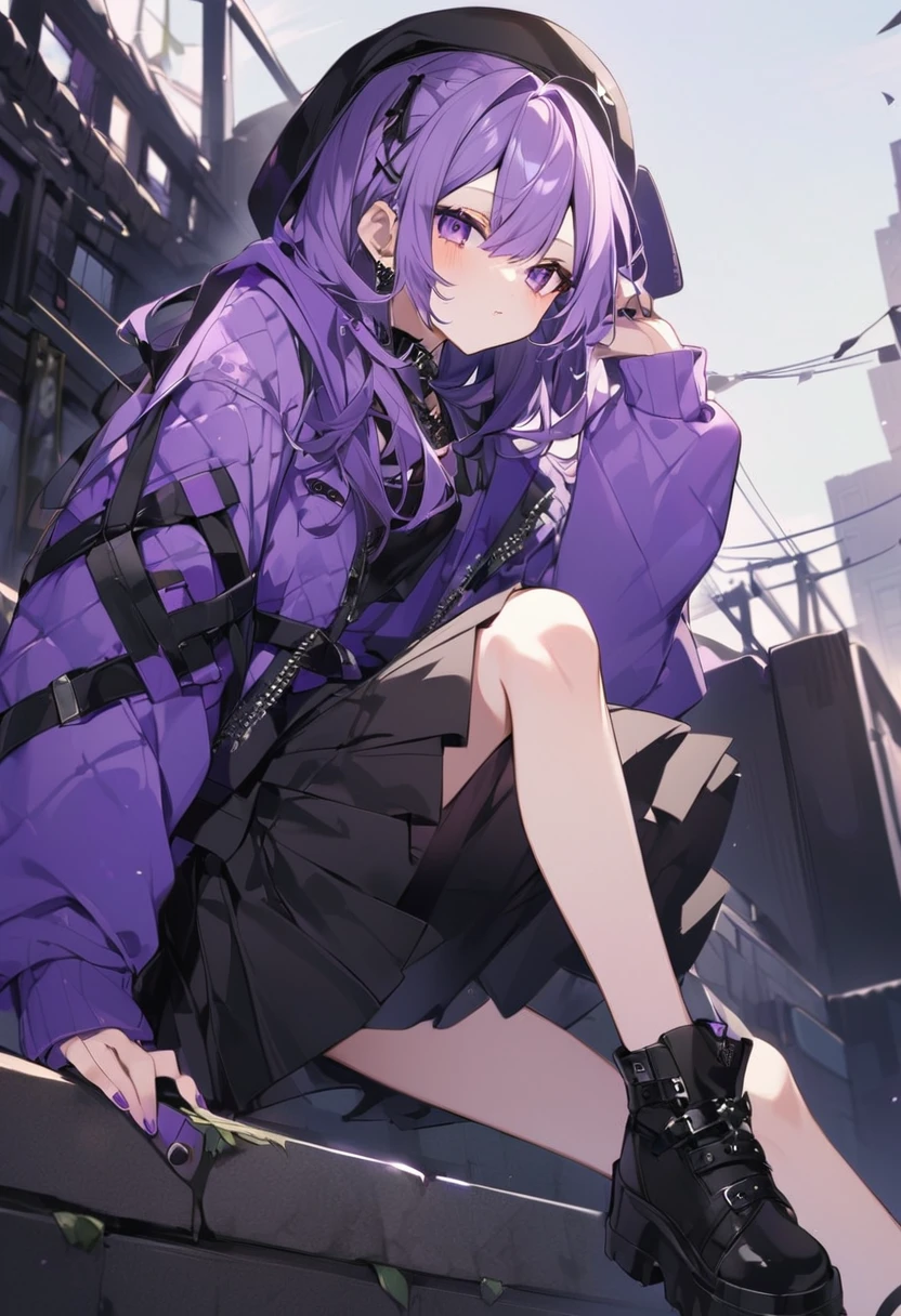 Keito。Purple hoodie。Black Skirt。Purple Eyes。Purple Hair。Black shoes下。Black shoes。