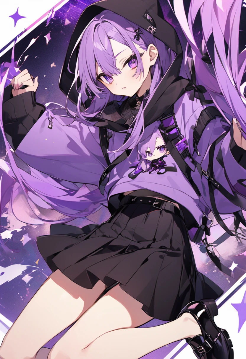 Keito。Purple hoodie。Black Skirt。Purple Eyes。Purple Hair。Black shoes下。Black shoes。