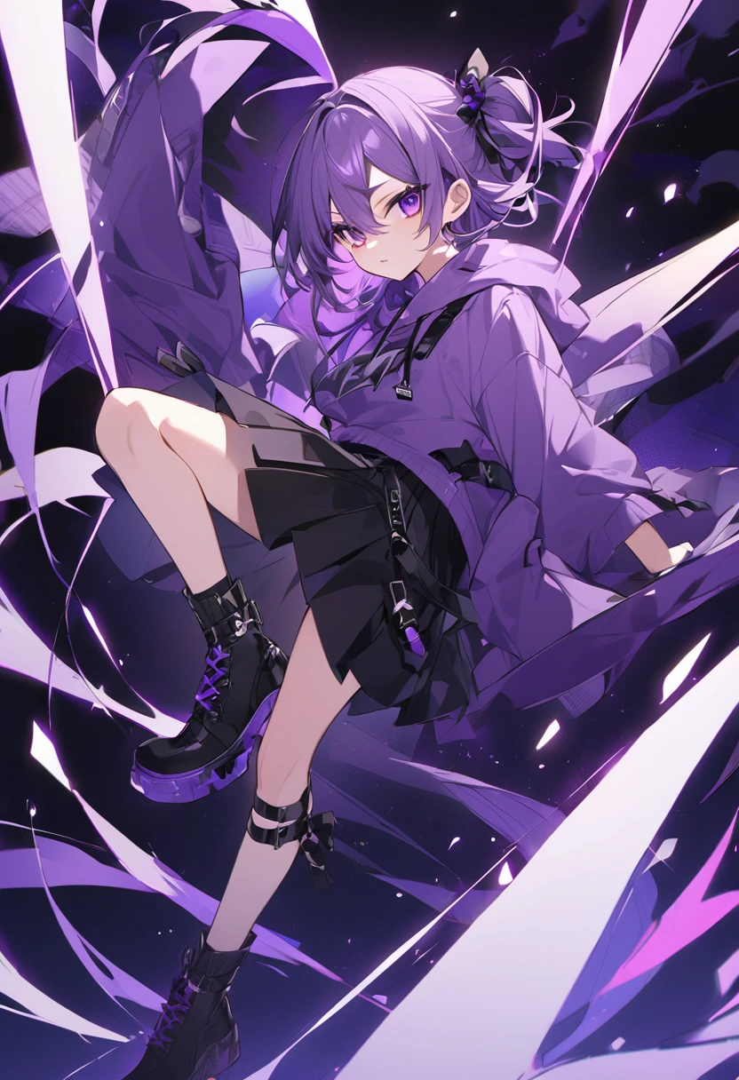 Keito。Purple Eyes。Purple Hair。Purple hoodie。Black Skirt。Black shoes下。Black shoes。Purple big axe