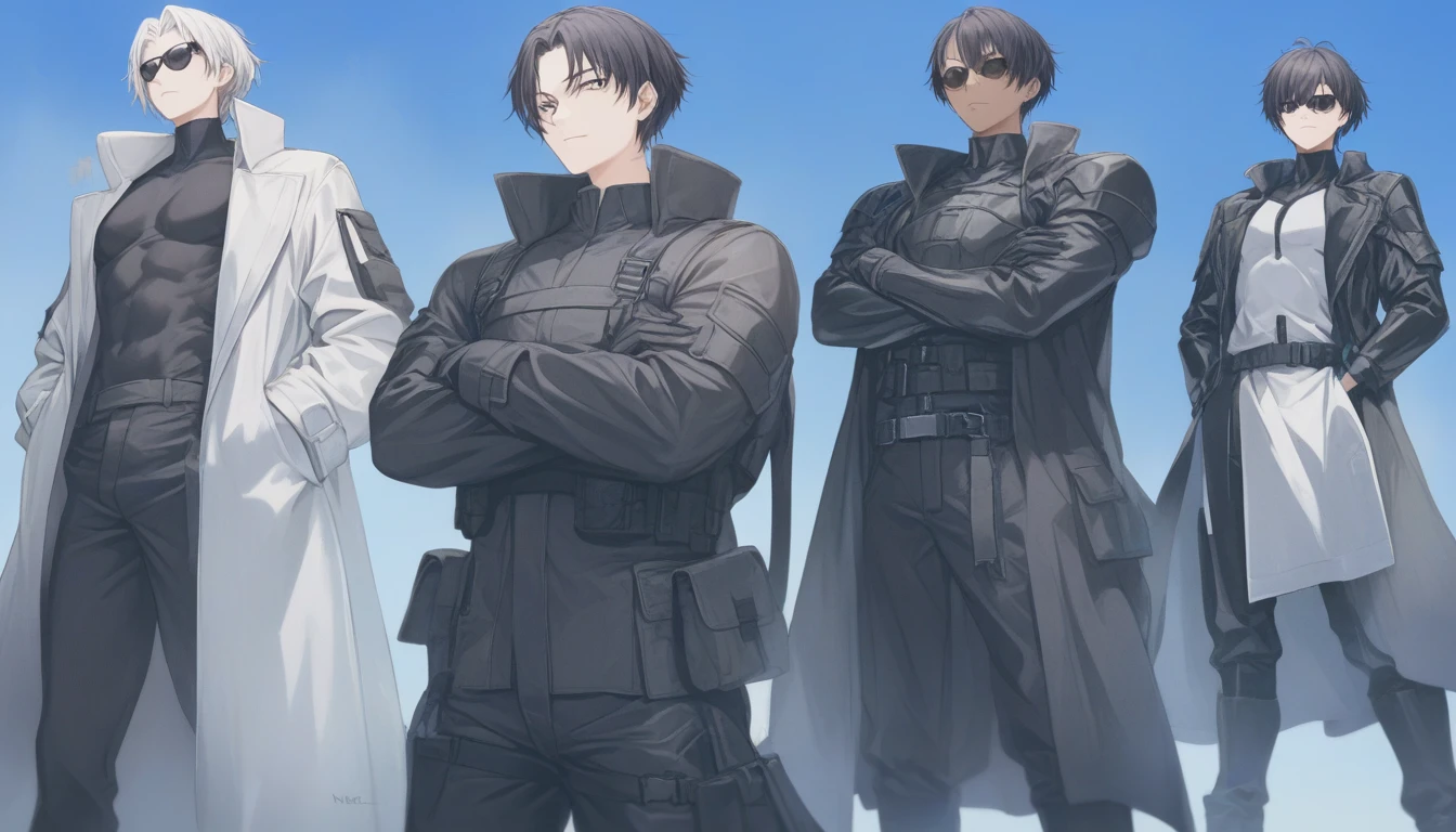 Matrix theme, Character: A young black Male, late 20s, named Neo Reincarnated Appearance: Young black male, low haircut fadeOutfit: Black leather tactical armor suit, tactical trench coat, shades, gloves, tactical steeltoe bootsStyle: PhotographyLet's decide on the first pose:Neo is standing confidently, arms crossed, looking determined.Now, let's generate the first image:Highly detailed image of a young black male named Neo Reincarnated. Neo has a low haircut fade, wearing a black leather tactical armor suit with a tactical trench coat, shades, gloves, and tactical steeltoe boots, isolated blue background. Neo is standing confidently, arms crossed, looking determined.