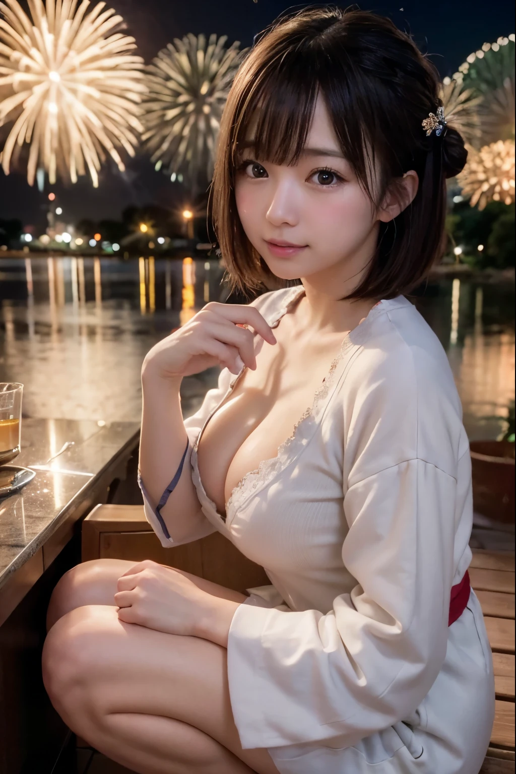 Perfectly Anatomically Correct:1.4, 5 Beautiful finger:1.4, 
1 Japanese Girl, Very Short Hair Bun:1.2, Wide-Set Eyes, Very White Skinned, Blush, Bashfully, 18-Year-Old, Open Mouse Slightly, 
Cute Eyes, Brown Hair, Messy Hair, Cheerful, Big Laughing, 
(Japanese Sparklers Within Reached Arm:1.2), 
(Point Fireworks at Viewer:1.2), 
Squatting:1.2, Japanese Yukata with Pale Colors:1.2, Slightly Cleavage:1.0, 
Non-Nipple:1.2, 
Looking Down Viewer:1.2, from Side, from Below, 
Riverside Park, 
 BREAK 
8K, RAW Photo, Best Quality, Masterpiece, Realistic, PhotoRealistic, Extremely Detailed 8K Wallpaper, Beautifully Detailed Eyes, Finely Detailed Face, POV Shot, 
 BREAK 
High-Key Lighting, Professional Lighting, Bokeh:1.6