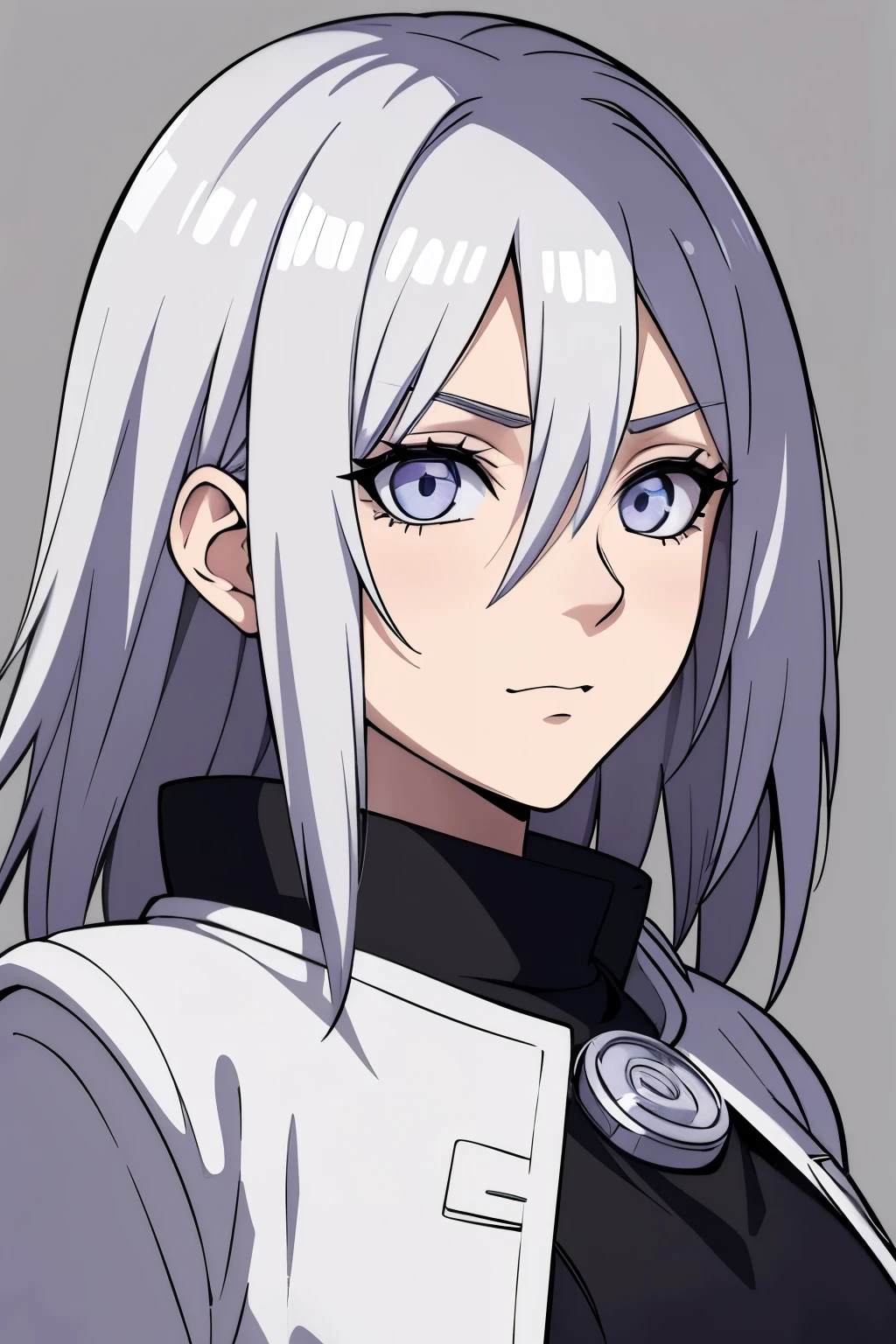 (high-quality, breathtaking),(expressive eyes, perfect face) portrait, Symmetrical Eyes, 1girl, female, solo, teenager, short height, white hair, white coloured eyes, byakugan, naruto art style, long hair, fluffy hair, feminine face, grey background, detailed eyes, hyuga, Ōtsutsuki, naruto ninja attire, neutral expression, soft smile, purple and black clothing, white trim, long sleeves, white dress, hair between eyes, bare shoulders, jacket, cowboy shot
