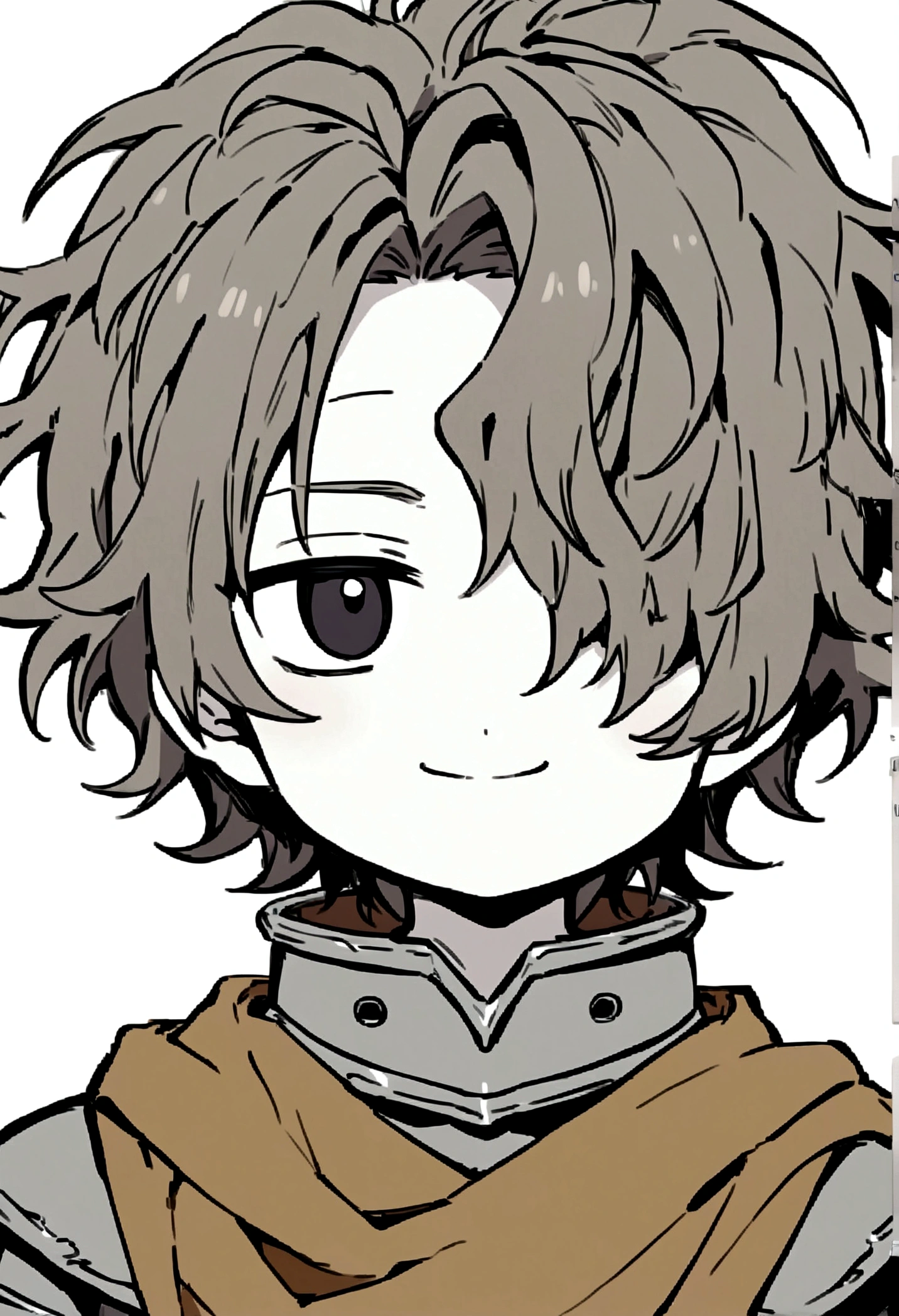 Anime drawing style of an adorable effeminate boy with slightly long black messy hair with pale skin and black eyes wearing gray armor with brown cloth while having an innocent smile even though he is missing one eye