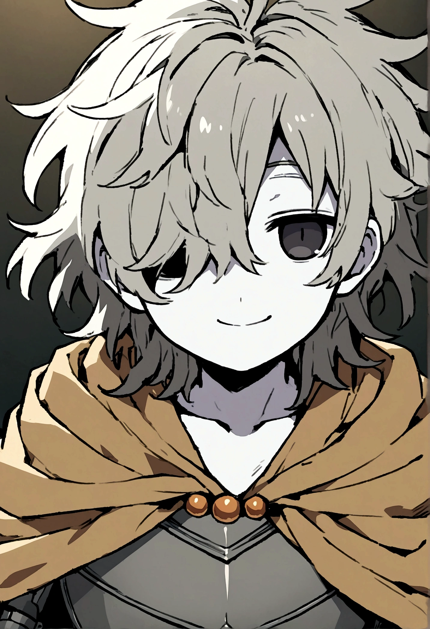 Anime drawing style of an adorable effeminate boy with slightly long black messy hair with pale skin and black eyes wearing gray armor with brown cloth while having an innocent smile even though he is missing one eye