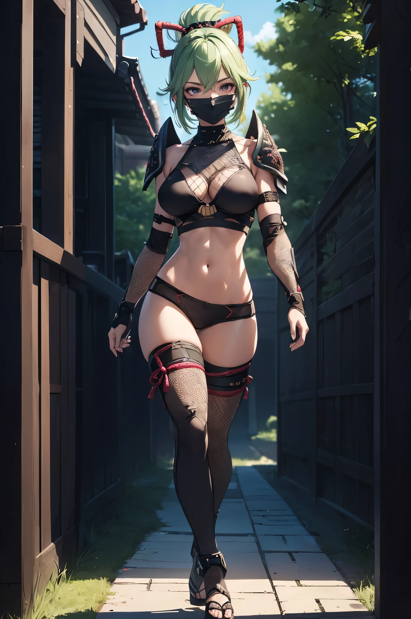 ((1girl, solo)), (((cowboy shot))), (legs apart:1.5), (large breasts:1.5), beautiful body, (perfect anatomy, perfect body, perfect hands, perfect legs), natural proportions, sexy body, (full body, full-body shot, full body front:1.5) BREAK

((extremely detailed face)), (beautiful detailed eyes:1.6), (realistic pupils, realistic iris:1), expressive eyes, looking at viewer, (clear eyes:1.3), (hyperrealistic:1.2), (detailed skin texture:1.2), smooth skin, kuki shinobu, purple eyes, green hair, ((mouth mask)), perfect face, perfect eyes BREAK

ninja, (fishnet top:1.5), (crop top:1.5), cleavage,  (shoulder armor:1.2), (arm guard:1.5), partially fingerless gloves, midriff,  black panties, ((black thighhighs)), (((greaves))), sandals, (revealing clothes:1.5), (samurai armor:1.5), tassel, thighs, ass visible through thighs BREAK

outdoor, (day:1.3), (rural japanese:1.3), east asian architecture BREAK 

(masterpiece:1.5), anime-style, top quality, best quality, (beautiful and aesthetic:1.2), (ultra detail:1.5), Ultra-detailed depiction, Ultra-precise depiction, extremely detailed 8k illustration, high resolution, (highly detailed shading:1.2), (realistic lighting:1.4), perfect lighting, vibrant colors, dynamic tones, striking hues, 8k, absurd resolution, perfect shadows, hdr, UHD, ambient lighting, realistic, ultra-realistic, photo realistic, highly detailed, rich detail, luminous colors, fine texture, intricate design, professional illustration, (soft light:1.2), (illustration:0.7)