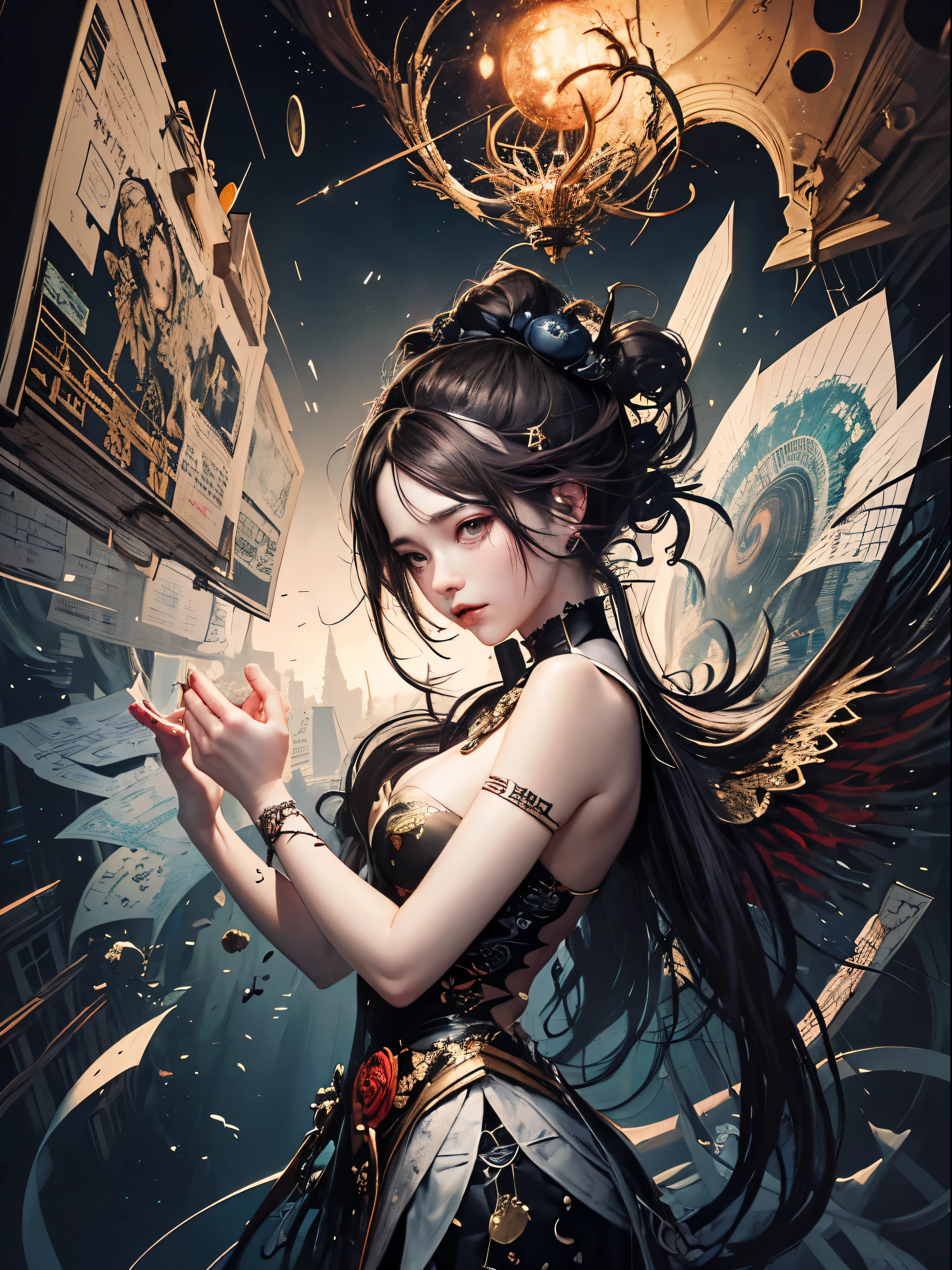 official art, unity 8k wallpaper, ultra detailed, beautiful and aesthetic, masterpiece, best quality, (zentangle, mandala, tangle, entangle), (fractal art:1.3) , 1girl, extremely detailed, dynamic angle, cowboyshot, the most beautiful form of chaos, elegant, a brutalist designed, vivid colours, romanticism, by james jean, roby dwi antono, ross tran, francis bacon, michal mraz, adrian ghenie, petra cortright, gerhard richter, takato yamamoto, ashley wood, atmospheric, ecstasy of musical notes, streaming musical notes visible