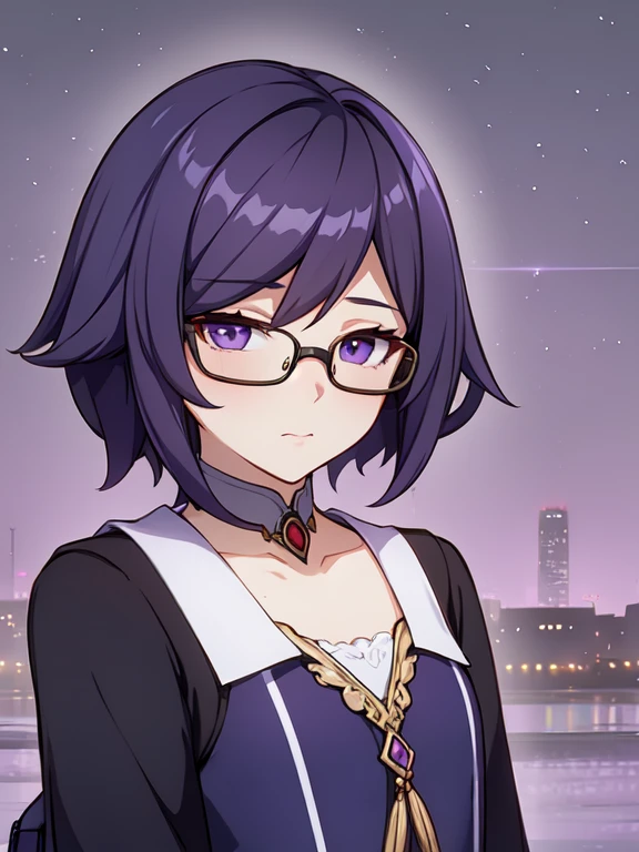 1girl, portrait, half closed eyes, glasses, flat chest, bags under eyes