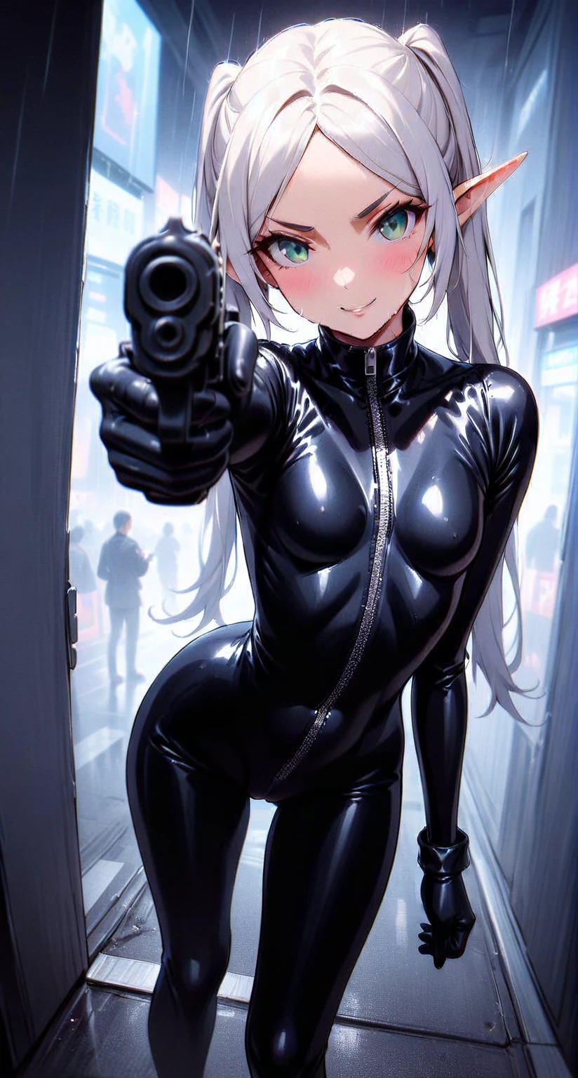 high-key and low-variance brightness scale,soft light,realistic light and shadow,light and dark interlaced,(aiming at viewer:1.4),looking at viewer,dramatic angle,(solo:1.6),
(masterpiece),(best quality),(highres),(by famous artist),(((official art))),(by Paul Hedley),(illustration),
1girl,(frieren),(elf),agent female,
(small breasts:1.3),(cameltoe),(whole body),(round face),(pointy ears),(slim legs),(skinny body),(detailed beautiful face),lustrous skin,shiny skin,(articulated fingers),navel,stomach
(black latex bodysuit:1.4),(zipper),long sleeves,gloves,leather pants,leather boots,
indoor,(cyberpunk city,kowloon,rain),(against the wall),
((seductive smile)),blush,((standing)),sexually suggestive,bent over,handgun,(holding pistol :1.4),hand on hip,
(green eyes:1.3),
(white hair),long hair,twintails,parted bangs,(reflective hair),
