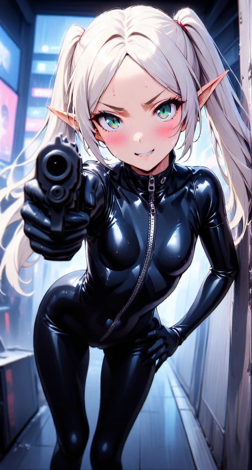 high-key and low-variance brightness scale,soft light,realistic light and shadow,light and dark interlaced,(aiming at viewer:1.4),looking at viewer,dramatic angle,(solo:1.6),
(masterpiece),(best quality),(highres),(by famous artist),(((official art))),(by Paul Hedley),(illustration),
1girl,(frieren),(elf),agent female,
(small breasts:1.3),(cameltoe),(whole body),(round face),(pointy ears),(slim legs),(skinny body),(detailed beautiful face),lustrous skin,shiny skin,(articulated fingers),navel,stomach
(black latex bodysuit:1.4),(zipper),long sleeves,gloves,leather pants,leather boots,
indoor,(cyberpunk city,kowloon,rain),(against the wall),
((seductive smile)),blush,((standing)),sexually suggestive,bent over,handgun,(holding pistol :1.4),hand on hip,
(green eyes:1.3),
(white hair),long hair,twintails,parted bangs,(reflective hair),