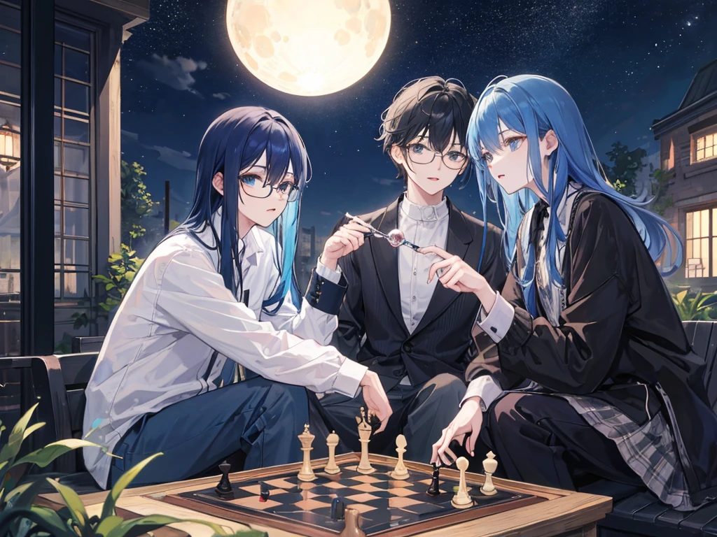 ((Highest quality)), ((masterpiece)), A man with androgynous long blue hair and a man with black hair and glasses are playing a serious game of chess (Facing each other) Outdoors at night beauttiful stars Both are 29 years old.