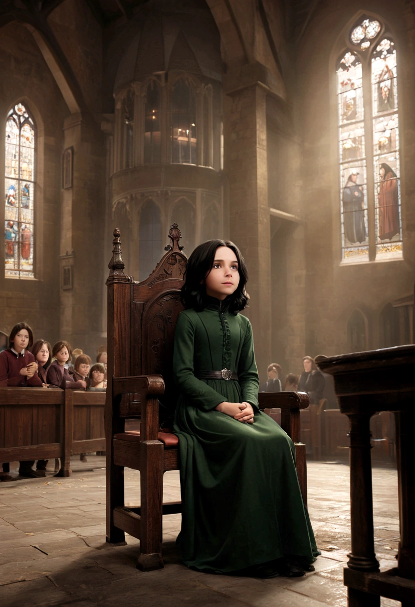 young 9-year-old daughter of severus snape,((highest quality)),(ultra high resolution),(Super detailed),(detailed description),((best CG)),(best work of art) ,black hair、radiant green eyes, 1GIRL, FART:1.0, ASS FOCUS:1.2, [[OBJECT INSERTION:0.6]], in a crowded church, sitting on cardinal's chair