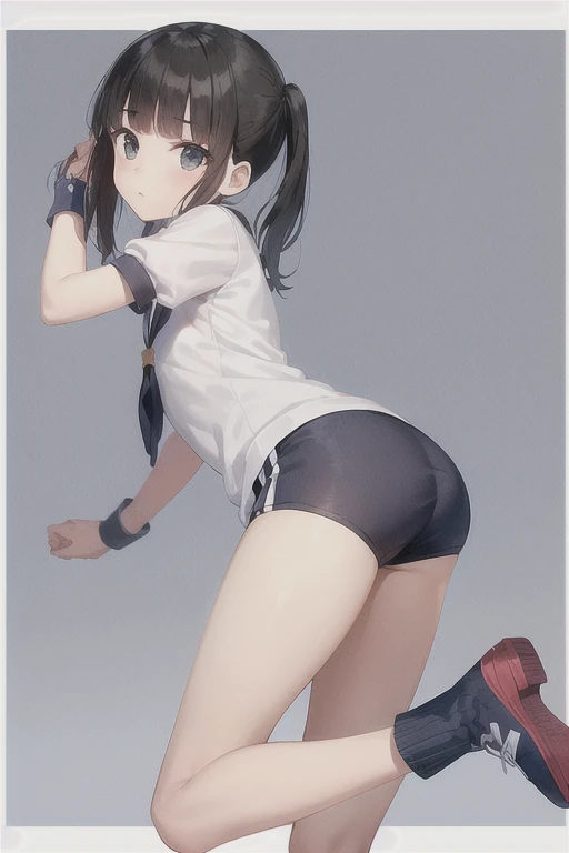 View your viewers, 
Black Hair,(Tied Hair,Blunt bangs:1.2), Small breasts, Backwards、look back、
(Navy blue cuffs and white short-sleeved gym uniform)、(Navy Blue Bloomers)、(
barefoot)、Navy blue socks、sports boots、Ground、Schoolyard, (Highest quality:1.3),One girl,