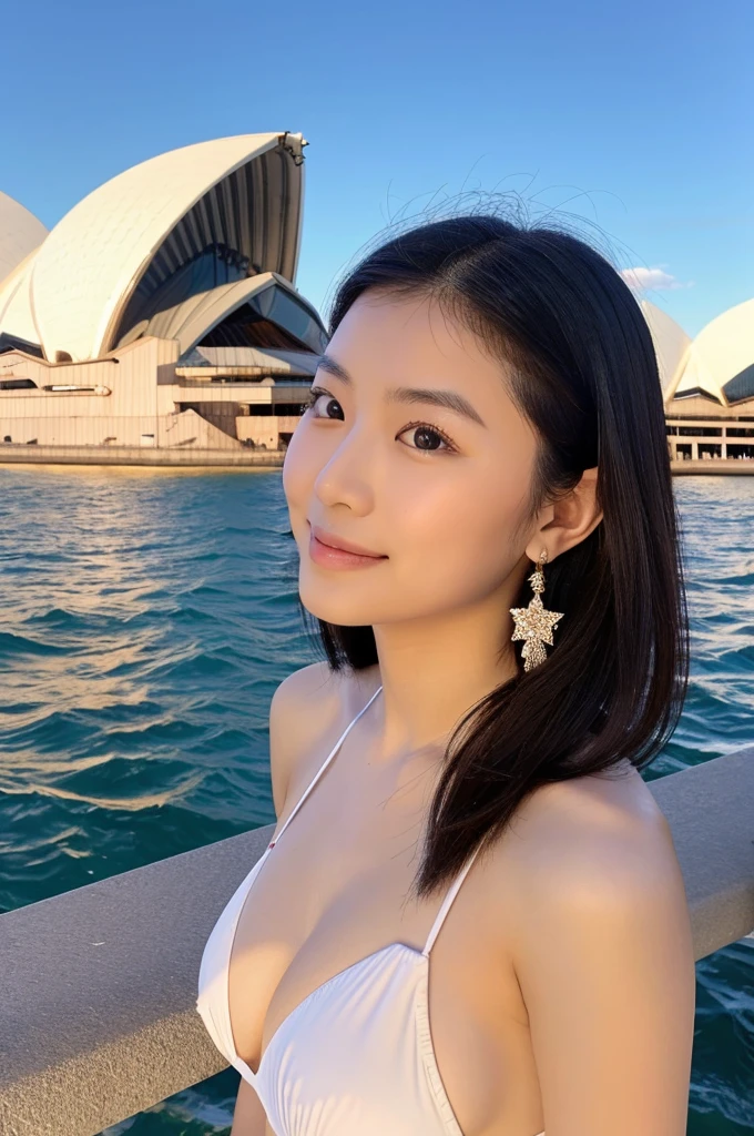 Beautiful Chinese women with beautiful faces,22 years old,The Sydney Opera House in the background,Wearing a white bikini,White skin,Medium Bust,Concave and convex,sunrise,Sunlight hitting the face,smile,Delicate facial features,double eyelid,Big eyes,Oval Face,Shallow dimples,Wearing star-shaped earrings,Hanging 6 carat diamond necklace,Ultra-high resolution pixels,Shot with a Sony Leica SLR camera